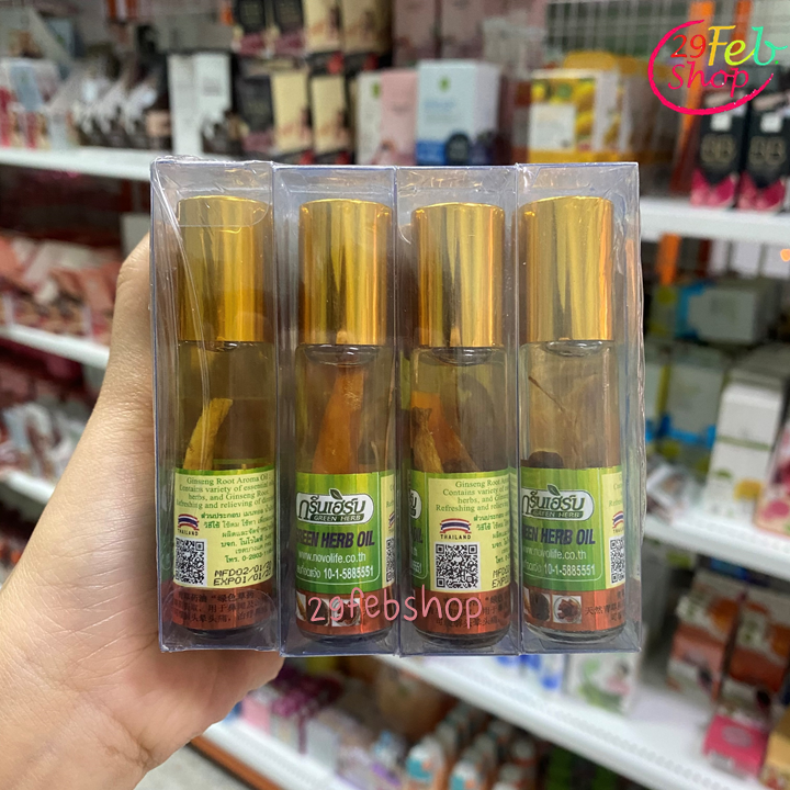 Green Herb Oil 8cc x 12 ชิ้น ยาหม่องน้ำสมุนไพรรากโสม กรีนเฮิร์บ