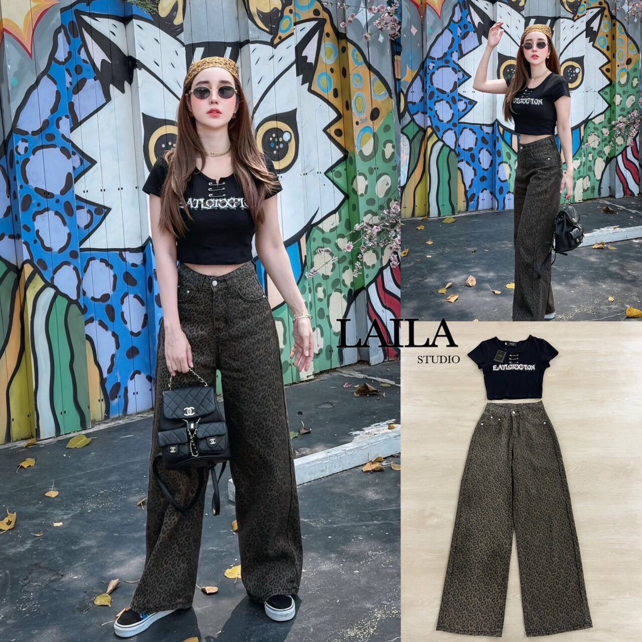 Tag: LAILA Detail: new!! Set เสื้อ+กางเกง เสื้อครอปทรงแขนสั้นมาในโทนสีดำงานผ้ายืดหยุ่นเข้ารูปสวย ช่วงอกแต่งสกีนลายพร้อมเข็มกลัดแต่งเก๋ๆ มาพร้อมกางเกงยีนส์ทรงปล่อยๆแต่งอะไหล่กระดุมสีเงิน มาในลายเสือดาวสุดเก๋🐆 งานผ้าสวยแต่งกระเป๋าสองข้าง ลุคนี้แมชกั