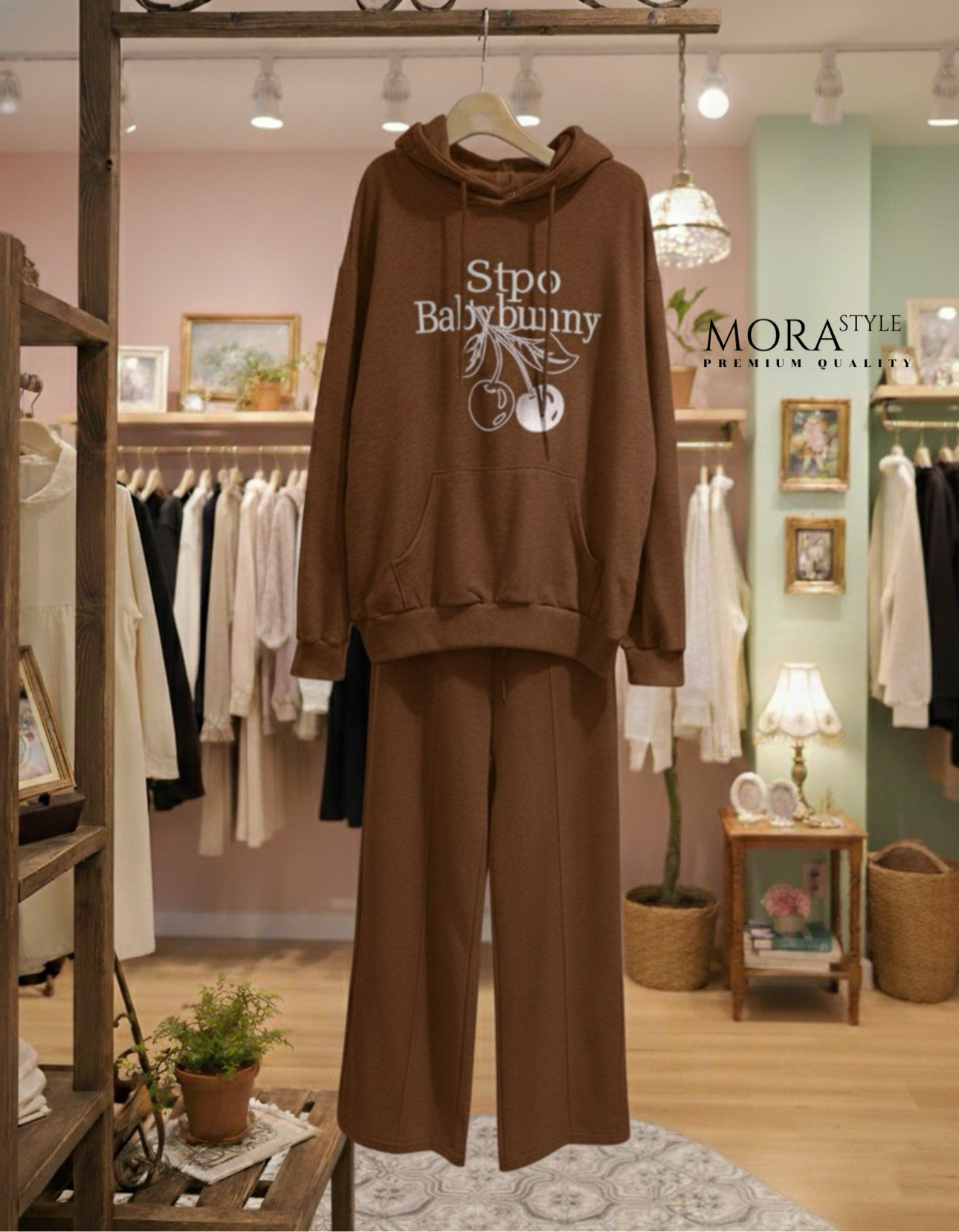 เซ็ท 2 ชิ้น เสื้อแขนยาวมีฮูดหมวกปักแต่งลายเชอรี่ช่วงอก มาพร้อมกับกางเกงขายาวผ้าใส่สบาย ใส่แมตช์ในสไตล์สาวแอร์พอร์ตลุคได้เลยค่ะ เป็นอีกรุ่นที่หนาวนี้ต้องมีนะคะ