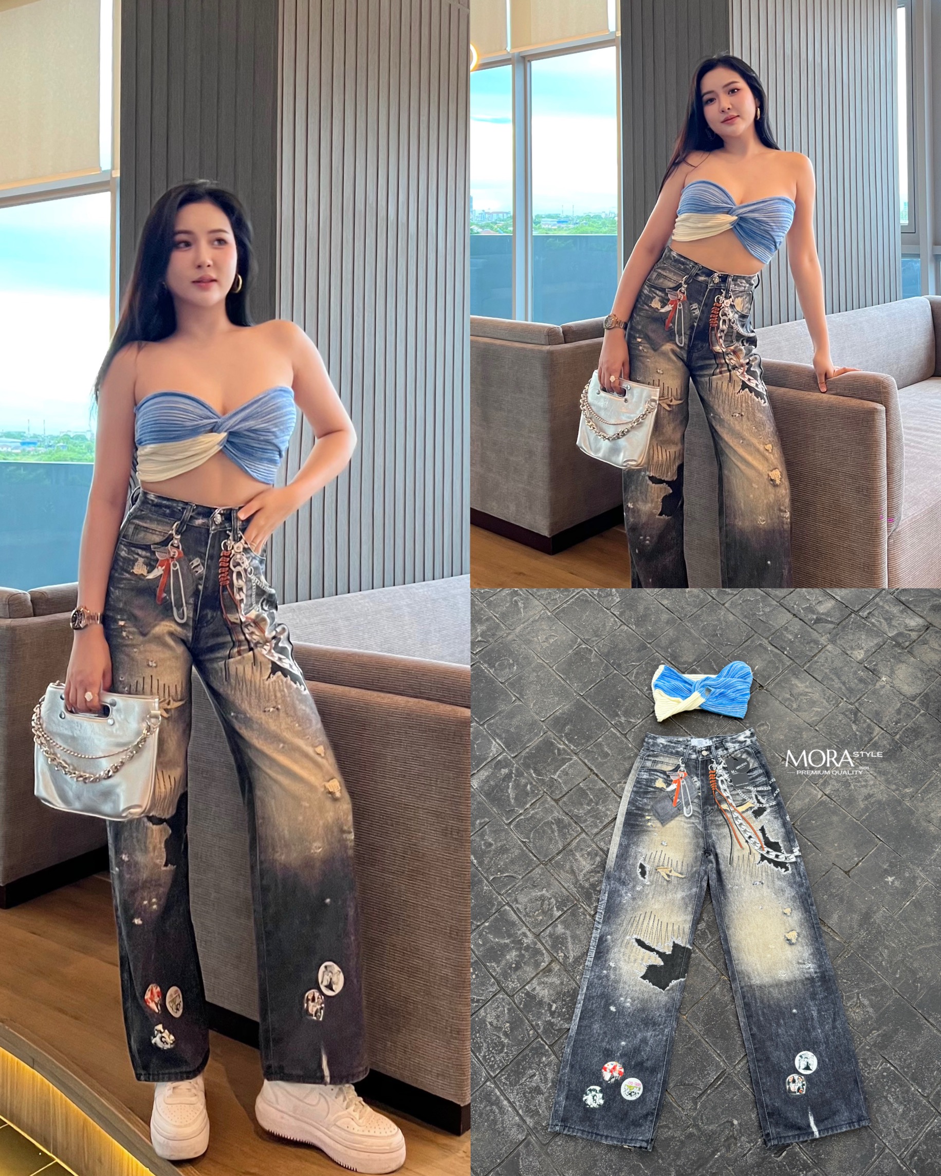 Set 2 ชิ้น เสื้อเกาะอก ผ้ายืดแต่งไขว้ ใส่สบาย มาพร้อมกับกางเกงเอวสูง ทรงกระบอกใหญ่(ผ้าไม่ยืด)ผ้าหนา ไม่บาง สกรียลายเท่ๆเทรนกำลังมา เป็นอีกรุ่นที่ใส่แมทหรือแยกชิ้นได้หมดเลยค่าาา