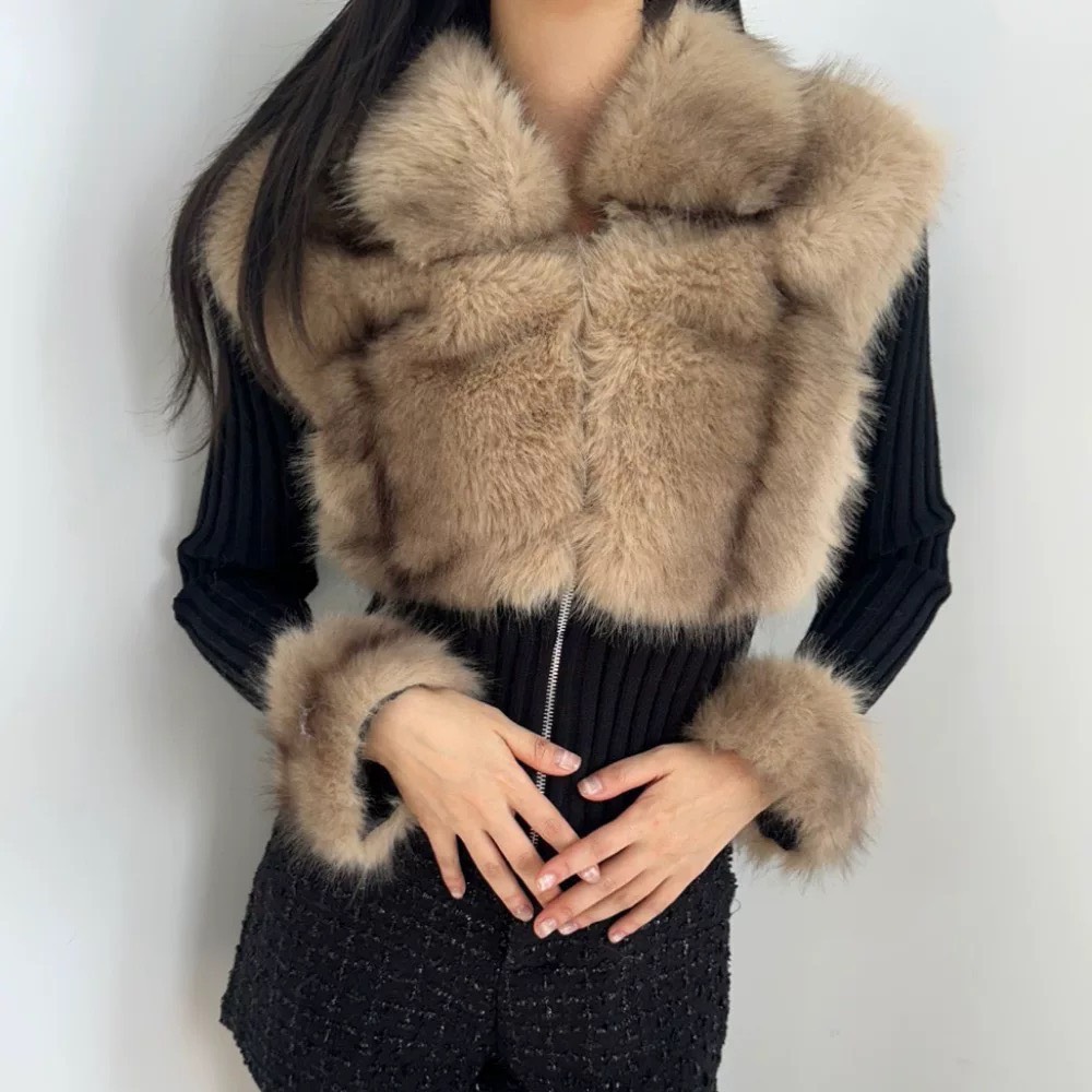 เสื้อไหมพรมตกแต่งขนเฟอร์ ดีเทลมีซิปรูดด้านหน้า งานสไตล์เกาหลี