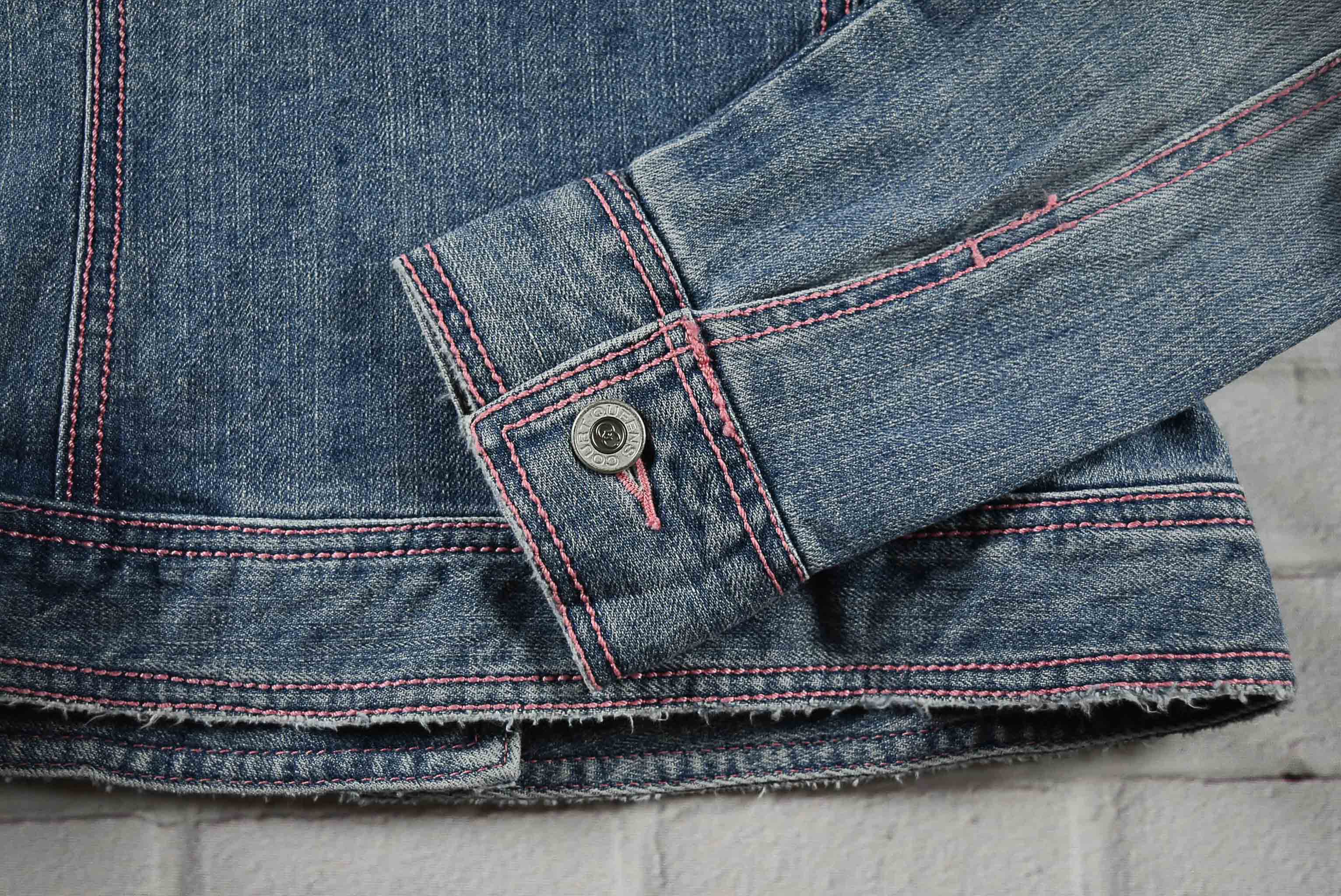 OUEENS COURT อกจริง 33 ไซส์ 150 เสื้อแจ็คเก็ตยีนส์ แขนยาว เด็กชายหญิง สีฟอก ตะเข็บสีชมพู ทรงน่ารัก ใส่คลุมกันแดด