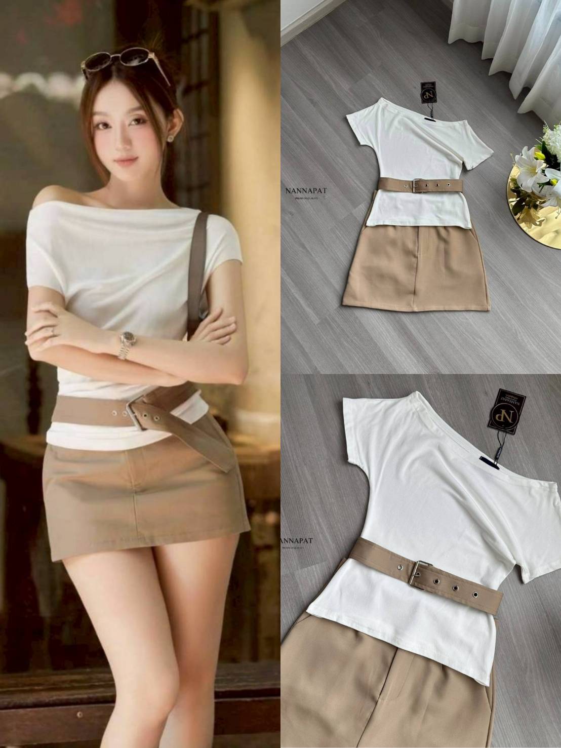 SET 3 ชิ้ เสื้อไหล่เบี่ยงสุดฮอต ผ้ายืดนุ่มใส่สบาย มาคูกับกระโปรงเอวสับ ผ้าดีมาก พร้อมซับในกางเกงไม่ต้องกลัวโป๊นะคะ ไม่พอ ยังมีเข็มขัดผ้ามาให้ใส่แม็ชเท่ๆ