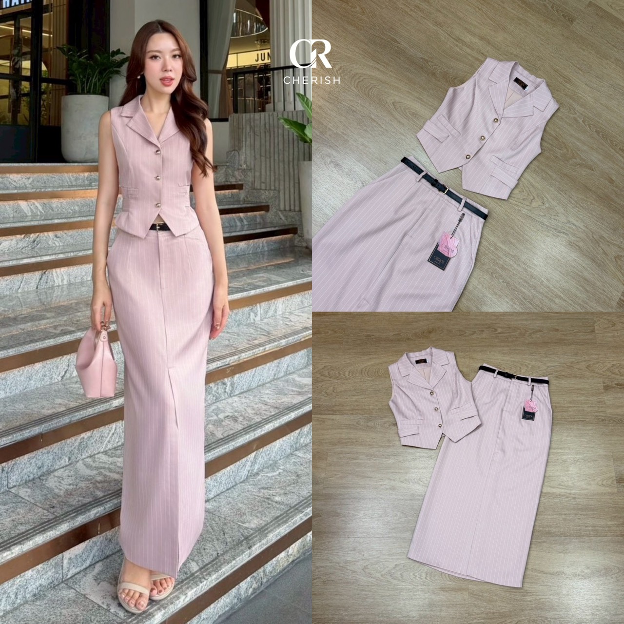 ชุดเซ็ท 3 ชิ้น เสื้อ+กระโปรง+เข็มขัด ตัวเสื้อกั๊กลายริ้ว แขนกุดคอวี แต่งกระเป๋าหลอก 2 ข้าง กระดุมทอง ช่วงเอว มีสายผูกเอวสามารถทำเป็นโบว์เล็กๆน่ารักได้ มาพร้อมกระโปรงลายริ้ว เอวสูงผ่าหน้า มีกระเป๋า 2 ข้างใช้งานได้จริง มีซับในทั้งชุด แถมเข็มขัดเข้ากับชุด ชุ