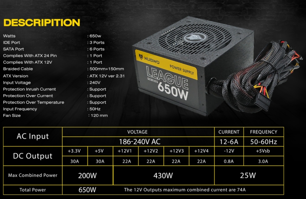 NUBWO NPS-020 POWER SUPPLY 650W 9.5*23.5*17 cm PO-NW-24-NP020