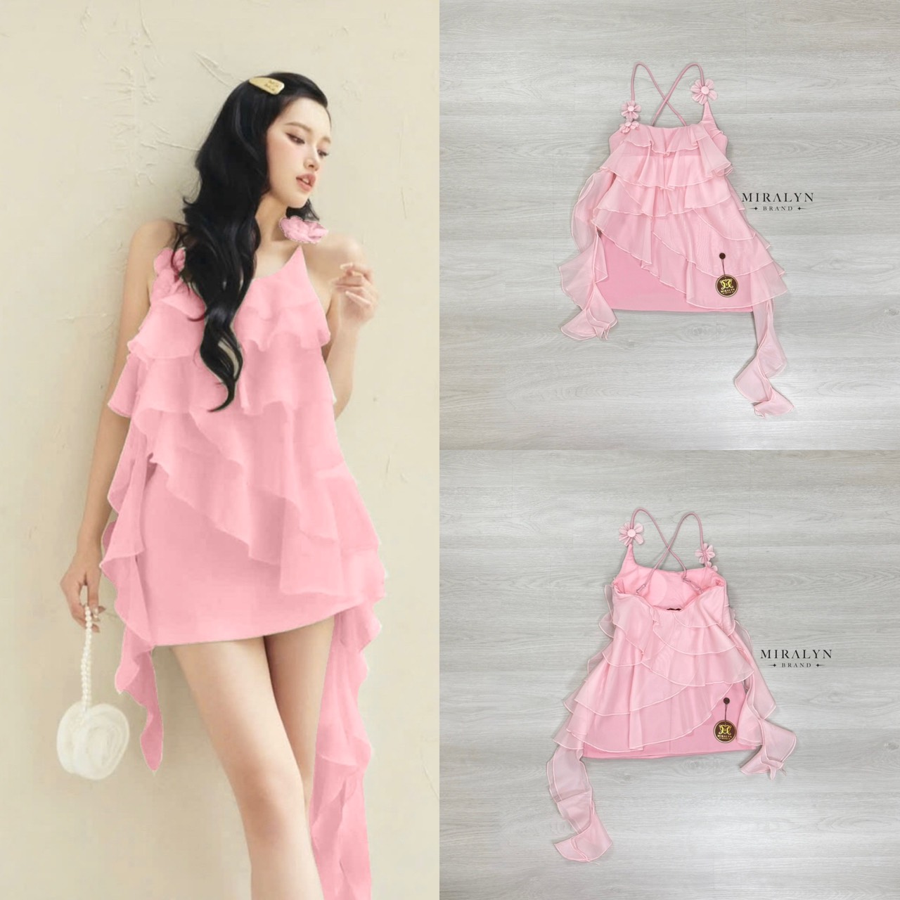 มินิเดรสสายเดี่ยวสีชมพูสายแต่งดอกไม้เย็บติดด้านหลังเป็นสายไขว้ผ้าพริ้วสวยแต่งดีเทลระบายเป็นชั้นๆสวยน่ารักมากงานอกมีฟองน้ำเสริมตัวเดรสเป็นงานผ้ามีน้ำหนักพร้อมซับในและซิปข้าง