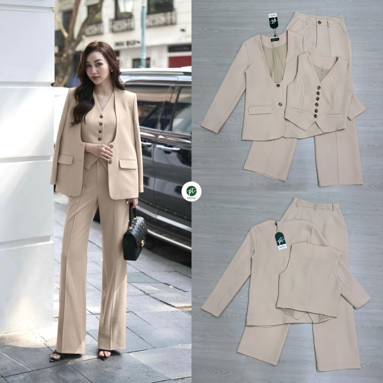 Set 3ชิ้น เสื้อคลุมสูทแขนยาว ดีเทลคอตัวยูลึก มีกระดุมหน้า มีกระเป๋าใช้งานได้จริง มาพร้อมเสื้อแขนกุดตัวในมีกระดุมเรียงยาว ใส่แม๊ทช์คู่กันลงตัวมากๆ และมาคู่กางเกงขายาวทรงกระบอกทรงสวย มีกระดุมซิปหน้าและมีกระเป๋า2ข้างเก๋ๆ เย็บซับในอย่างดี ใส่แมทช์ครบเซตลงตัวม