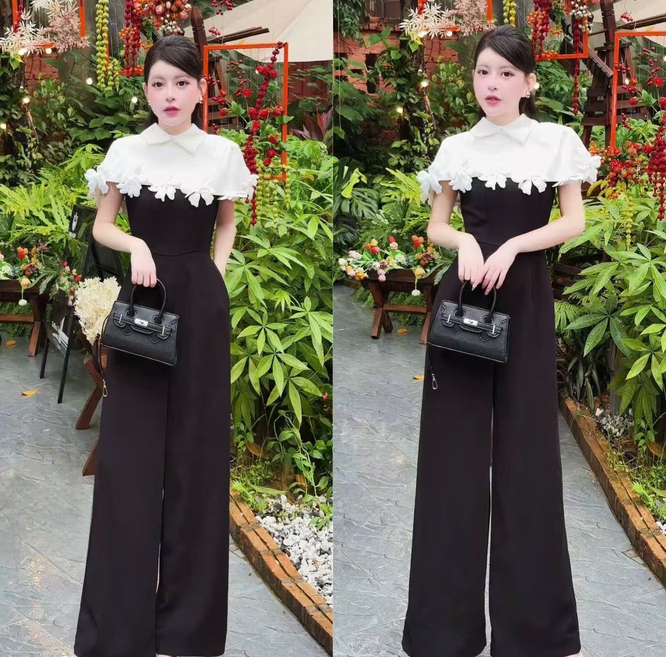 Jumpsuit ขายาว ทรงสวย คอปก แต่งคลุมช่วงไหล่ ดีเทลแต่งดอกไม้รอบไหล่ ดอกไม้เป็นเข็มกลัดถอดออกได้ค่ะ หน้าอกมีฟองน้ำจัดทรงให้ค่ะ เอวเข้ารูป เนื้อผ้าหนา เนื้อดี เป็นทรงสวย มีซับในทั้งชุดค่า