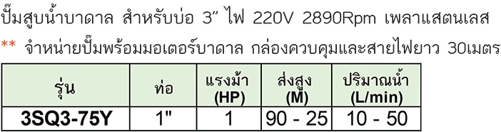 Stream ปั๊มสูบน้ำบาดาล สำหรับบ่อ 3" รุ่น 3SQ3-75Y