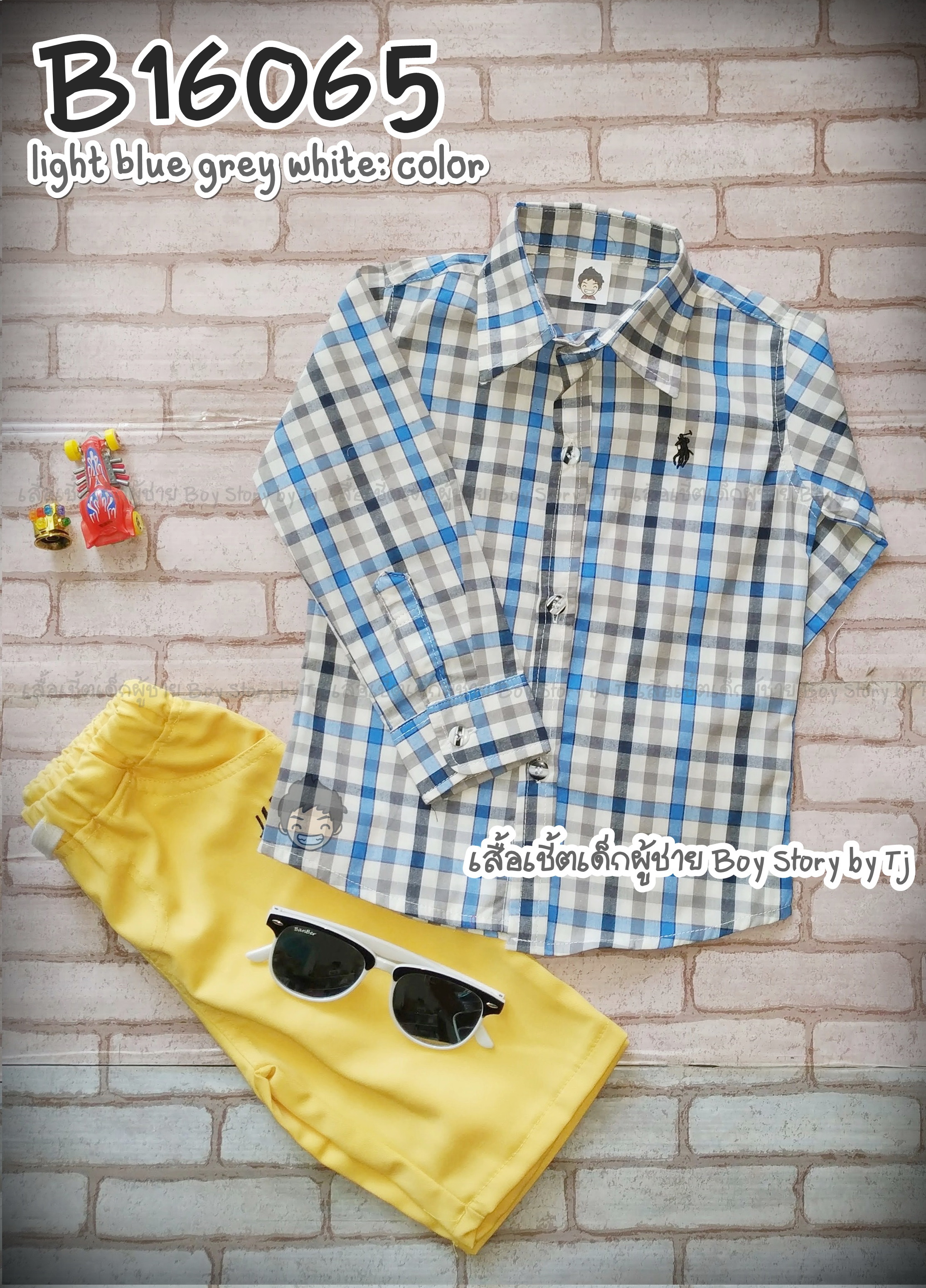 B16065 เสื้อเชิ้ตเด็ก แขนยาวลายสก็อตฟ้าเทาขาว