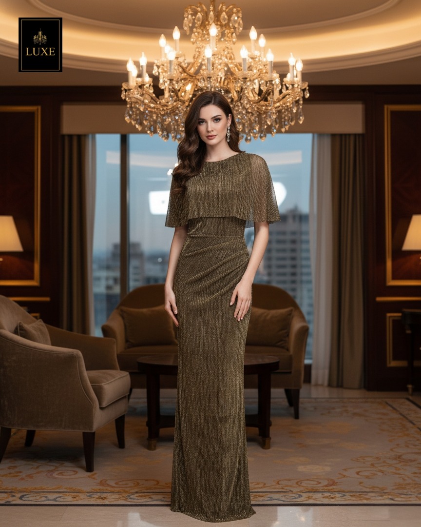 Label : LUXE ☑️ เดรสเสื้อคอกลมแขนกุด ดีเทลเป็นเสื้อคลุมไหล่ในตัว กระโปรงทรงสอบจับเดรป ☑️ ทำจากผ้าราเม่อัดพลีท ผสมดิ้นเมทัลลิค มีประกายเล่นแสงสวย ผ้านุ่มยืดหยุ่น คัตติ้งประณีต ☑️ มีซิปซ่อนและซับในเต็มตัวค่ะ