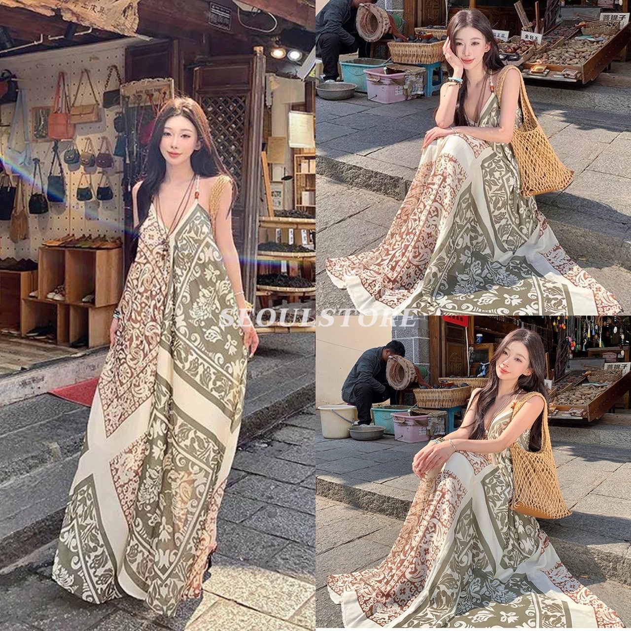 เดรสยาวสายเดี่ยวคอวี สายประดับด้วยลูกปัด ผ้าปริ้นลายสไตล์โบฮีเมี่ยน ชุดดีไซส์สายเดี่ยว(สายเลือนปรับระดับได้) เปิดหลัง มีซับใน เดรสทรงโอเวอร์ไซส์ใส่แบบหลวมๆ สาวอวบอ้วนมีท้องมีน้องใส่สบายมากๆจ๊า