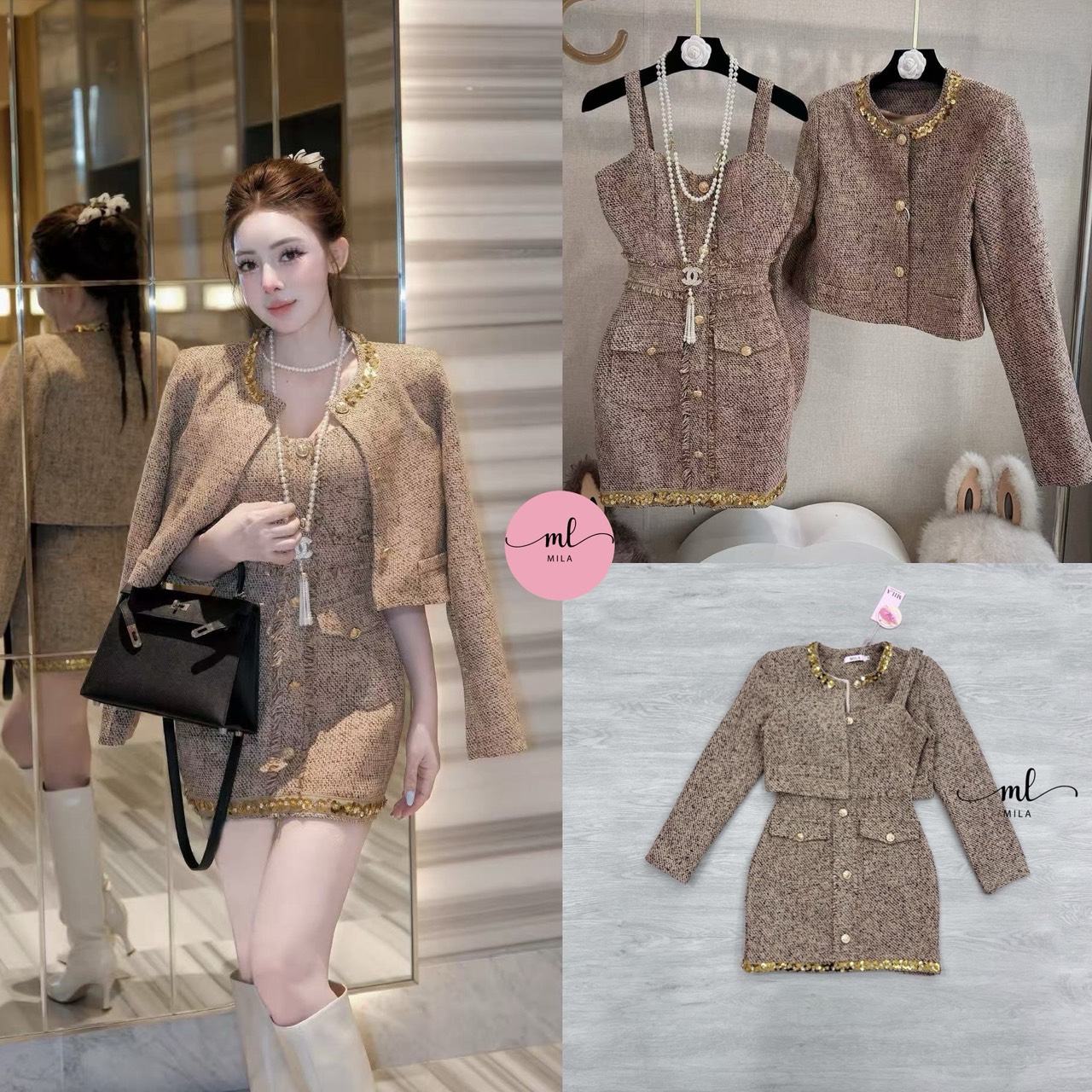 Set 2 ชิ้น หรูหราแบบตะโกน! เซ็ตผ้าทวีตสีน้ำตาลคลาสสิค ลุคคุณหนูที่จริงใจ 🤎 ดีเทลแน่นๆ ทอสวยมากกก มาครบเซ็ตทั้งเสื้อคลุมครอปตัวสั้นแขนยาว แต่งกระดุมทอง และไฮไลท์คือดีเทลปักเลื่อมสีทองฉ่ำๆ