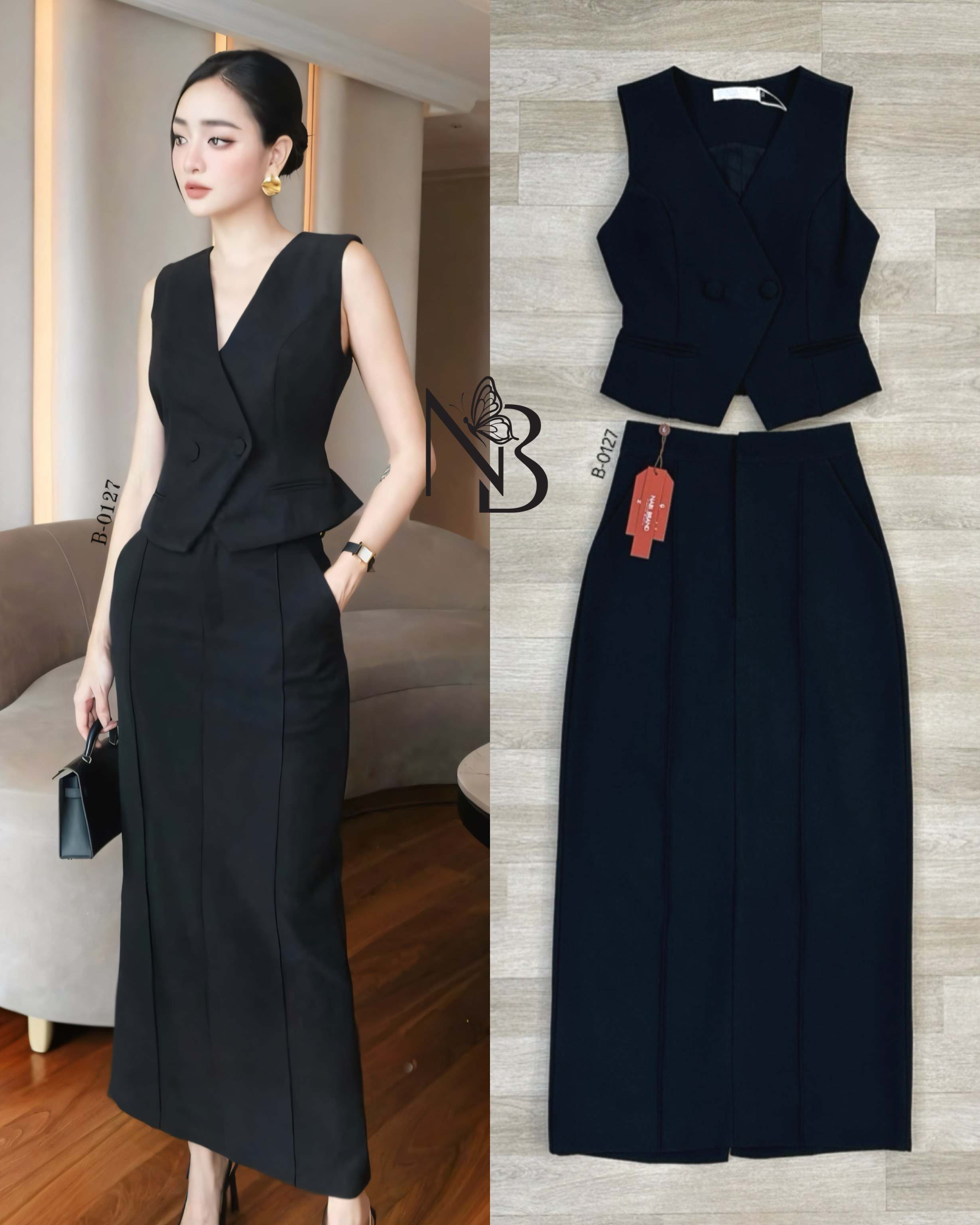 ชุดเซ็ตเสื้อแขนกุดคอV ดีไซน์สวยหรูด้านหน้าแต่งกระดุม มีสายปรับขนาดด้านหลัง มาคู่กระโปรงยาวเอวสูง ผ่าหลัง เย็บเกล็ด 2เส้นด้านหน้า ทำให้ดูหรู ไม่เชย งานมีซับ มีบราอย่างดี ที่สำคัญผ้าเกรด Premium อยู่ทรง สามารถใส่ออกงาน ใส่เดินห้าง ช้อปปิ้งได้แบบชิวๆ ลุคhi-c