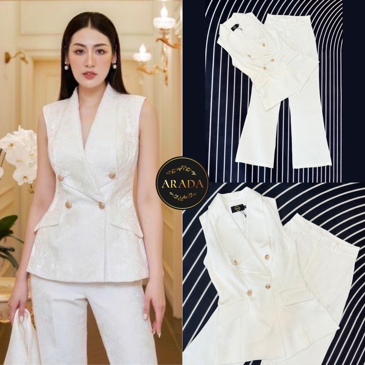 Set เสื้อแขนกุดคอปกมาพร้อมกางเกงขาม้าเล็กน้อย งานสีขาวมีลายผ้าในตัวหรูหรามากคร่า กระดุมหน้าสีทอง มีฟองน้ำเสริมอกและซับในอย่างดี ตัวก่งเกงมีซับในครึ่งตัว ไม่บางนะคะ