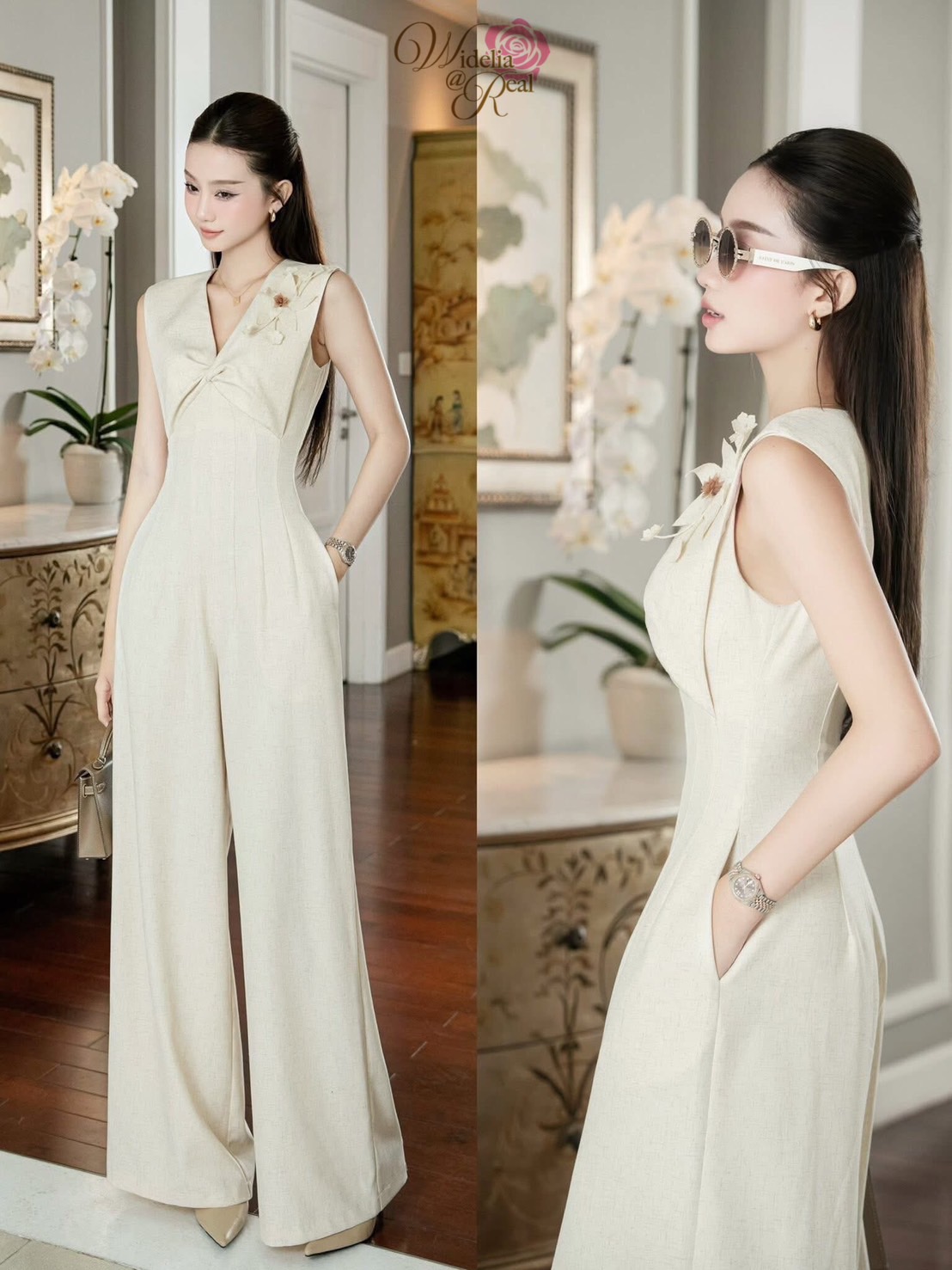 Jumpsuit จั้มสูทแขนกุด ขายาว คอวี ช่วงอกเย็บดอกไม้ป๊อปอัพ ซิปหลัง เนื้อผ้าอย่างดี ผ้าคล้ายผ้าลินิน โทนสีครีม ผ้าดีมีน้ำหนัก ไม่บาง ใส่สบาย งานคัตติ้งเนี๊ยบ ทรงสวยเป๊ะ