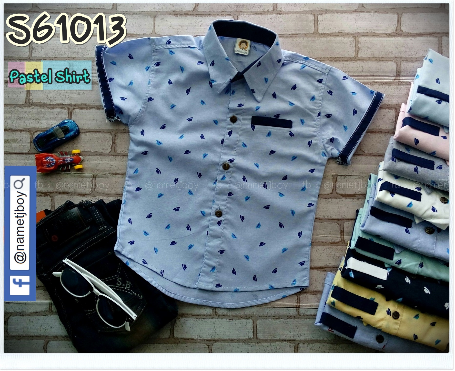 เสื้อเชิ้ตเด็ก แขนสั้น ลายหมวก Pastel สีฟ้าเข้ม ไซส์ M