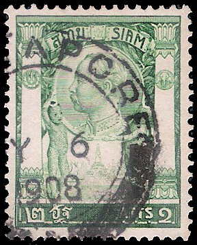 แสตมป์ชุดวัดแจ้ง ดวงราคา 2 อัฐ + ประทับตรา Singapore 16 July 1908
