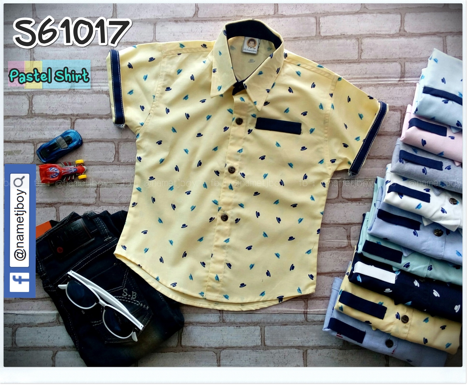 เสื้อเชิ้ตเด็ก แขนสั้น ลายหมวก Pastel สีเหลือง ไซส์ M