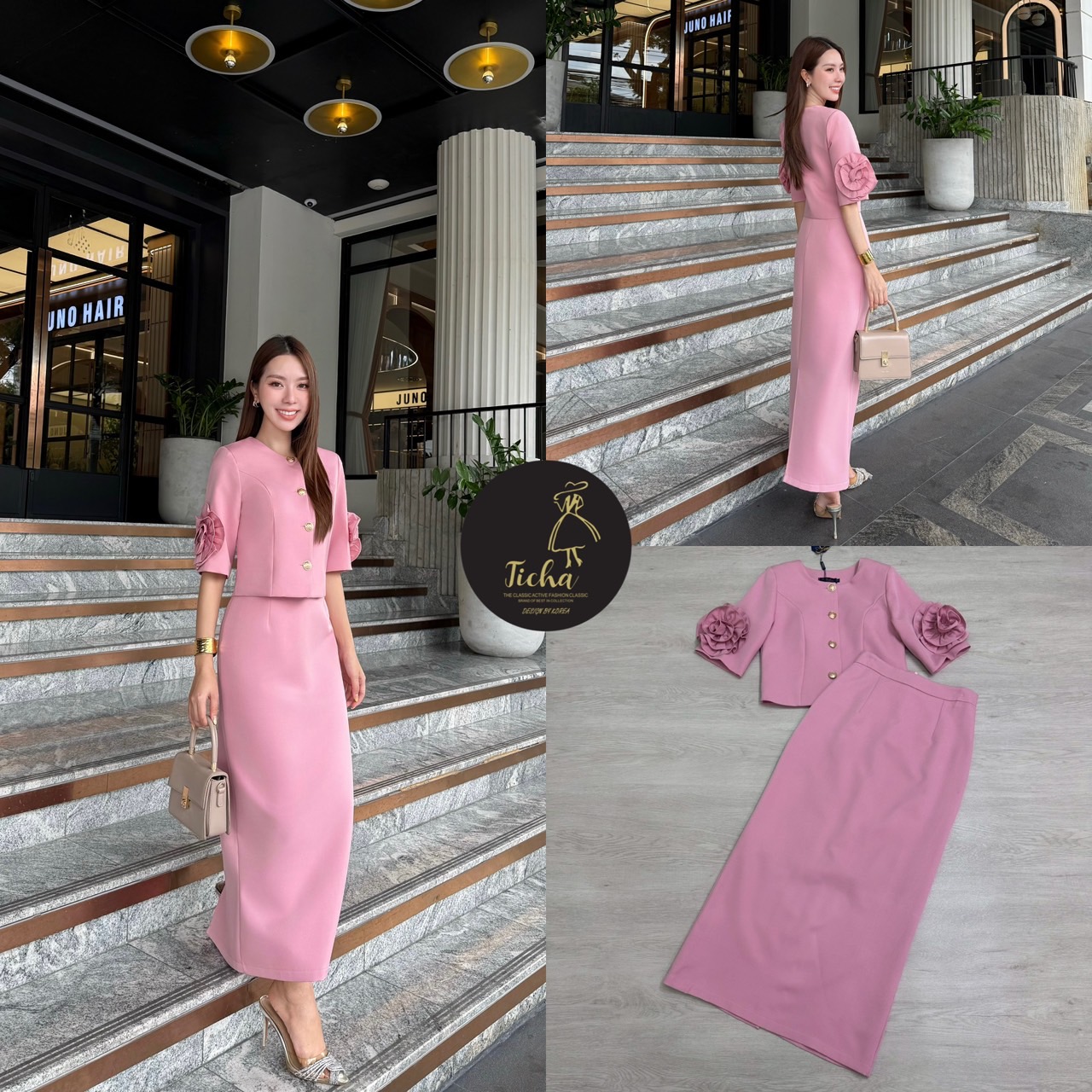 Set 2 ชิ้น เสื้อเบเชอร์ กระดุมหน้าสีชมพูแขน3ส่วน ดีเทลช่วงแขนทั้งสองข้างแต่งดอกกุหลาบ ช่วงอกและหัวไหล่ เสริมฟองน้ำ แมทซ์กับกระโปรงยาว ทรงสอบสีเดียวกัน แต่งผ่าหลังยาว มีชับใน ซิปหลัง งานสวย เนื้อผ้าดี คัตติ๊งเป๊ะคะ