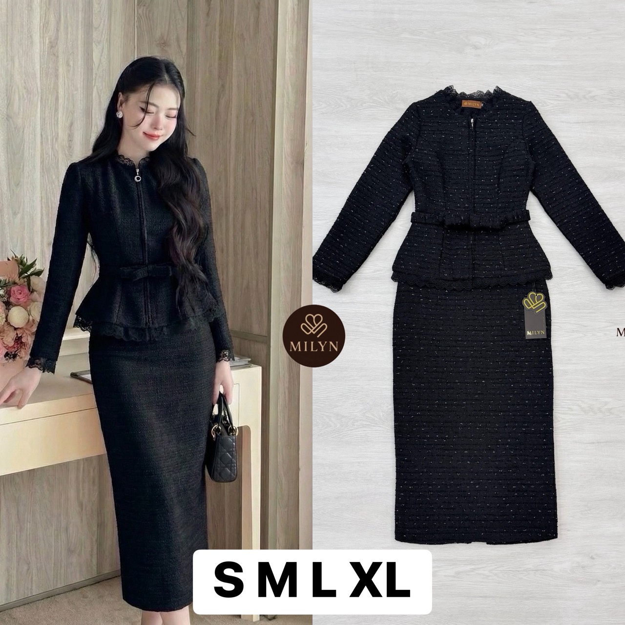 Set 2 ชิ้น เนื้อผ้าทวิตสีดำผสมดิ้นเงิน ตัวเสื้อทรงพอดีตัวแขนยาวคอชิดแต่งระบายกุ๊นลูกไม้สีดำเล็กๆที่ขอบชุด ตัวเสื้อเป็นซิปรูดด้านหน้า (อกเย็บเสริมฟองน้ำ และมีเสริมไหล่) มีสายขาดเอวเข็มขัดเป็นริบบิ้นโบว์มีกระดุมแป๊กติดด้านหลังเด่นสวย