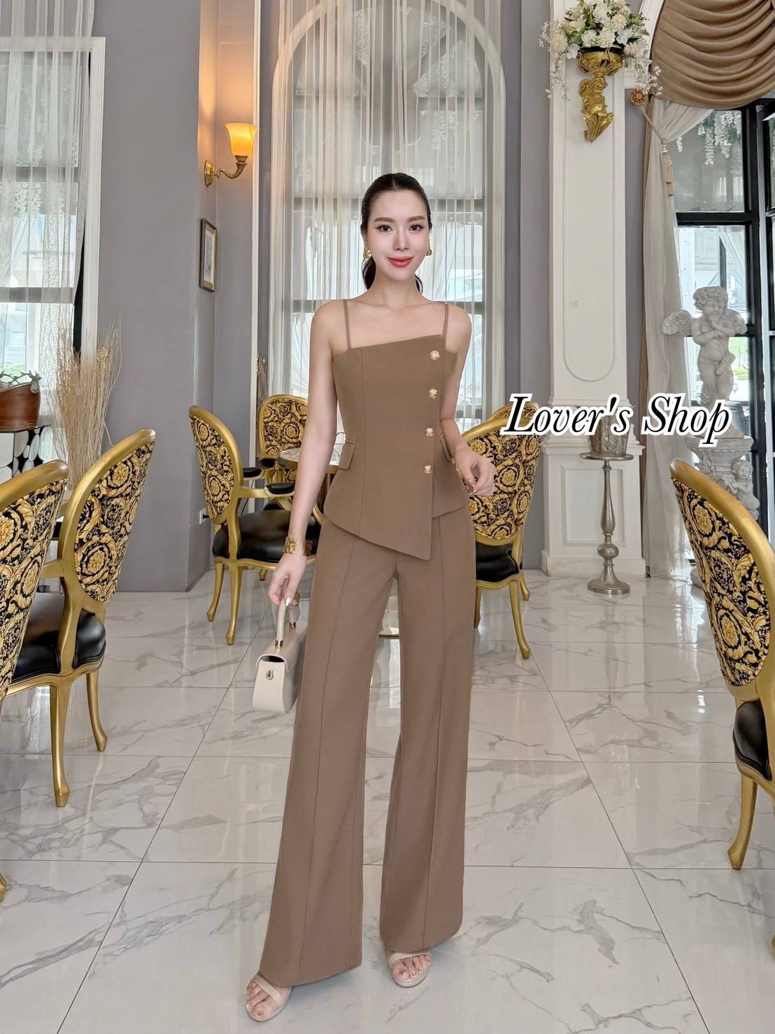 Teg : Lover’s Shop Detail : Set ยีนส์ 2ชิ้น สีน้ำตาล เสื้อ+กางเกง #LoveShop #เซ็ทกางเกงผ้าพื้น