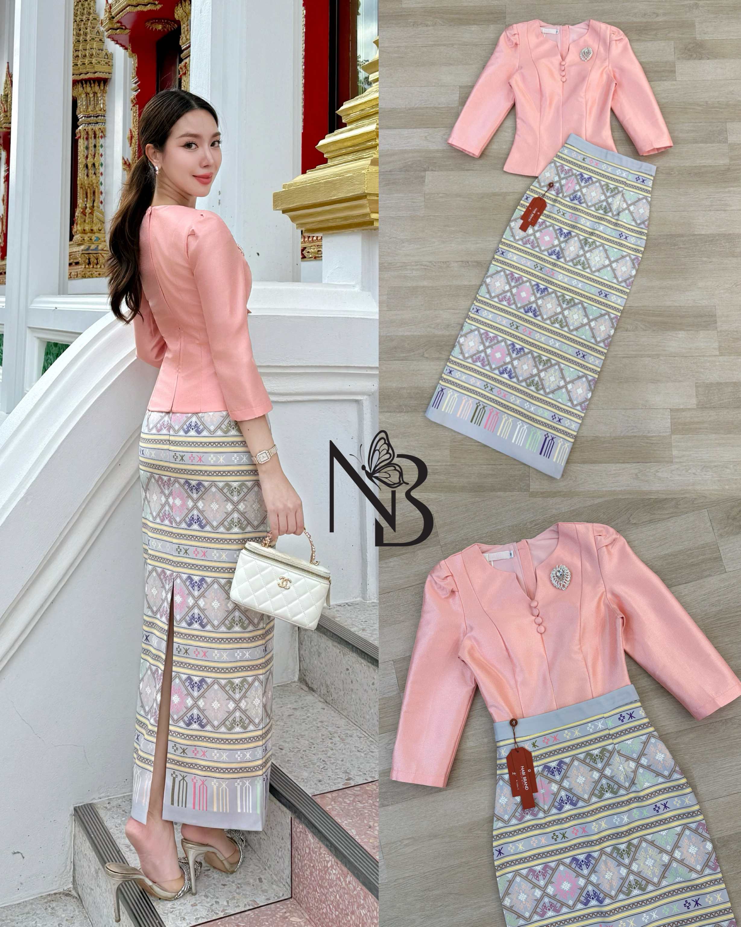 Label :: #NABIBRAND Code :: A-50010 Detail :: ใครกำลังมองหาชุดไปวัด งานบวช งานขึ้นบ้านใหม่ ออกพรรษา แนะนำชุดนี้เลยค่ะ ชุดเซ็ตเสื้อแขนยาว 3ส่วน คอกลม ผ่าทรงวีช่วงอก แต่งกระดุม มาคู่กับผ้าถุงพิมพ์ลายไทยและเข็มกลัดเพชร ทรงสวยมาก ผ่าด้านหลัง เดินสะดวก ผ้าอัดก