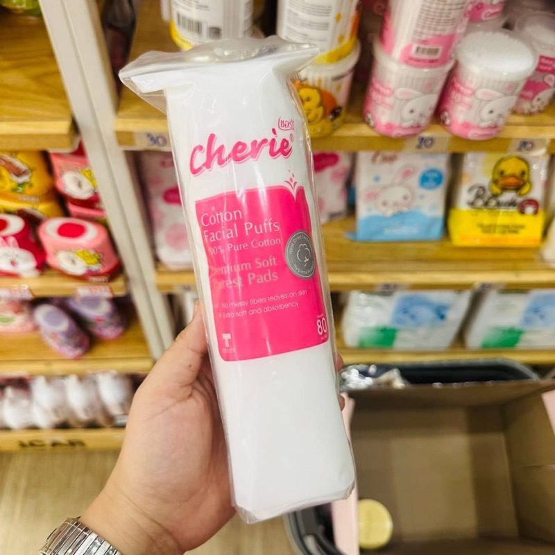 แผ่นสําลีเช็ดเครื่องสําอาง ทรงกลม 80 แผ่น Cherie Cotton Facial Puffs (80 Round Pads)