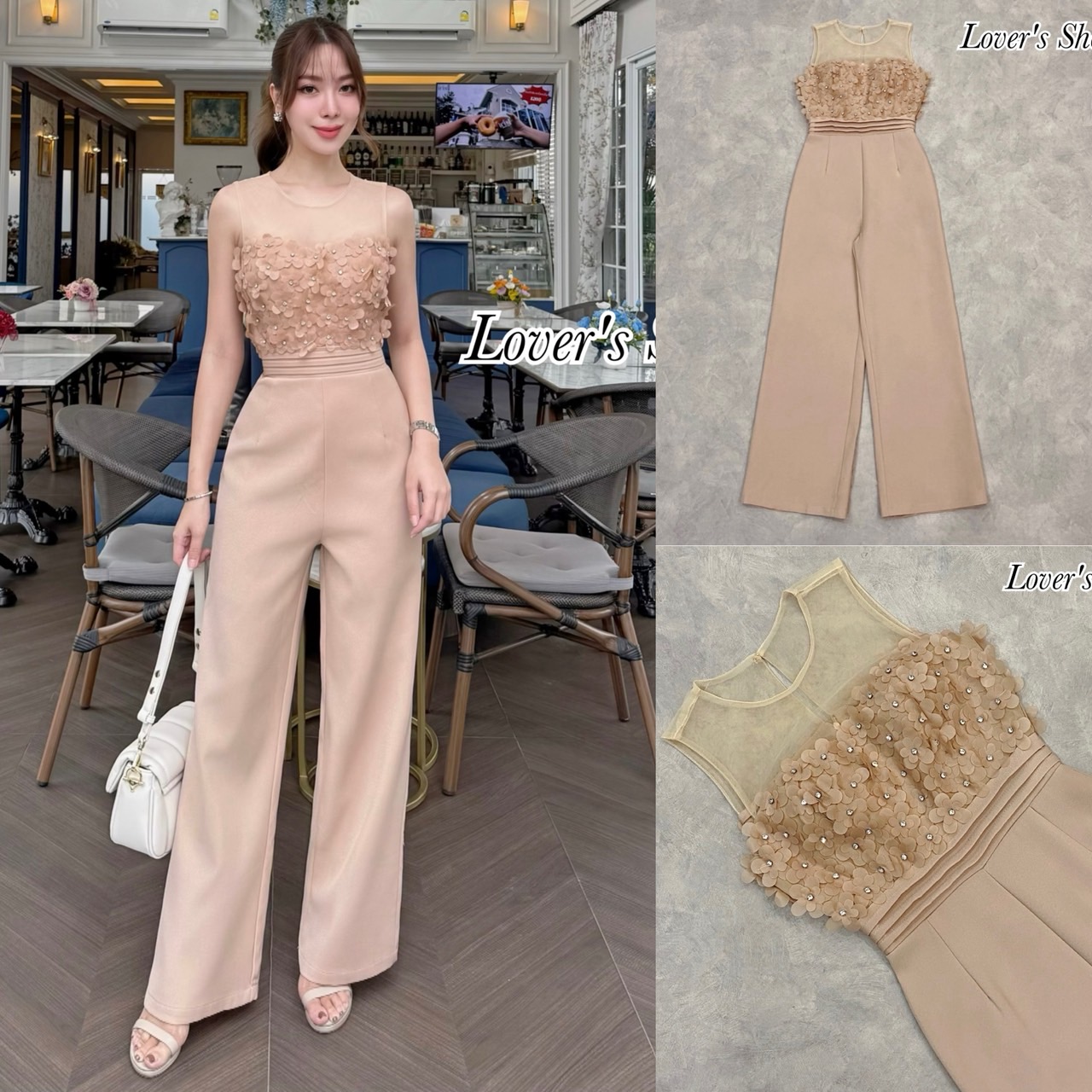 Teg : Lover’s Shop Detail : จั้มสูทกางเกงขายาว ยกดอกไม้มาให้ทั้งทุ้งเลยค้า เป็นจั้มสูทที่ได้ทั้งลุคหวานและเปรี้ยวลงตัวสุดๆ ดีเทลช่วงอกแต่งดอกไม้3D แต่งด้วยเกสรเพชร เป็นงานเย็บนะคะ ไม่หลุดง่าย ช่วงบ่าใช้ผ้ามุ้งซีทรู เวลาใส่คล้ายเกาะอก เอวตีเกล็ดมาให้ ทรงกา