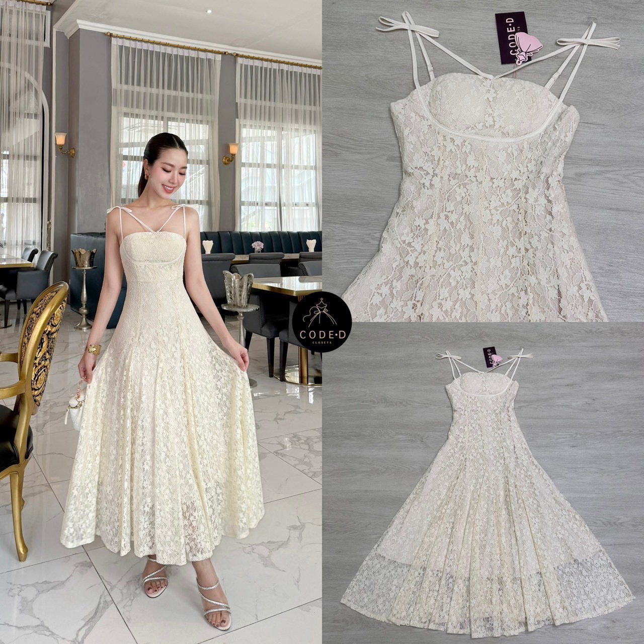 เดรสสายเดี่ยว ลูกไม้สีครีม ดีเทลแต่งสายคู่ เหย็บโบว์ติดช่วงสาย อกเสริมฟองน้ำอย่างดี ซิปหลัง ช่วงอกและเอวเข้ารูป ตัวกระโปรงบานออก มาพร้อมชับในสีเดียวกัน สวยหรู ดู luxury สุดๆ