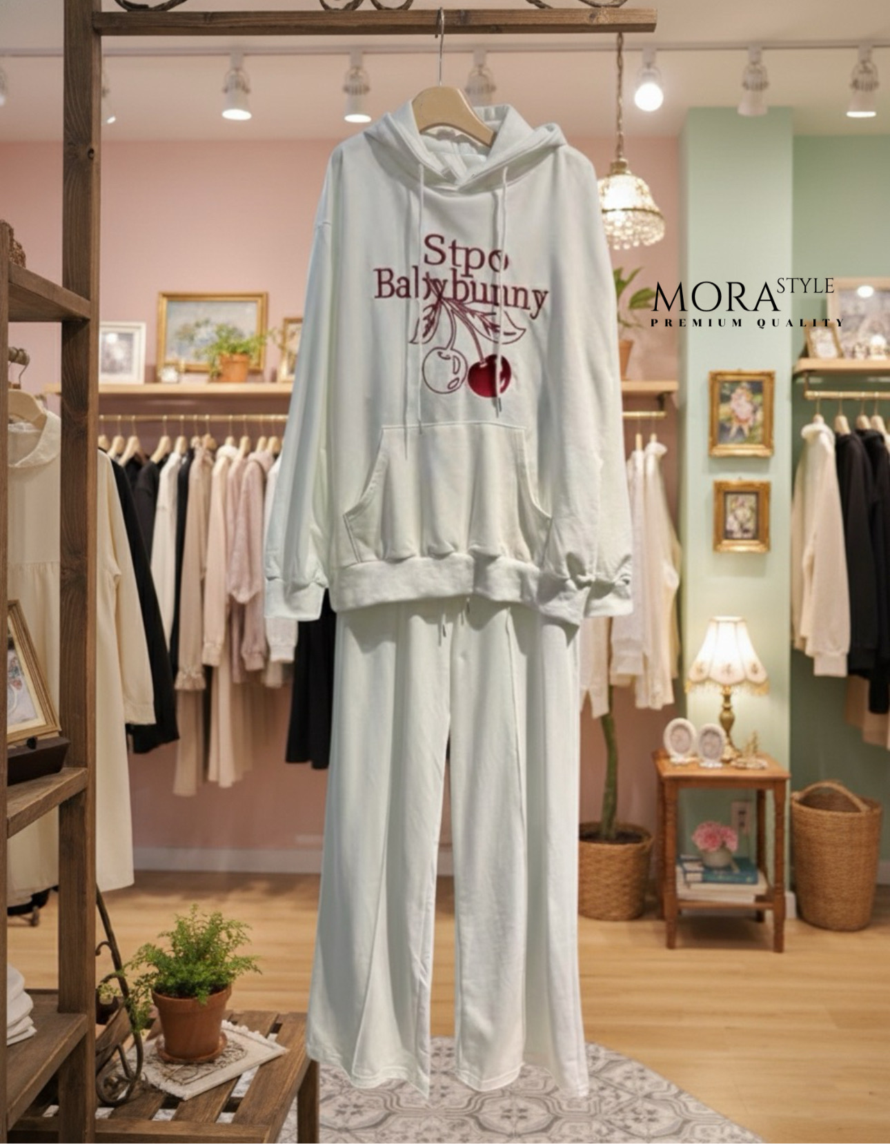 เซ็ท 2 ชิ้น เสื้อแขนยาวมีฮูดหมวกปักแต่งลายเชอรี่ช่วงอก มาพร้อมกับกางเกงขายาวผ้าใส่สบาย ใส่แมตช์ในสไตล์สาวแอร์พอร์ตลุคได้เลยค่ะ เป็นอีกรุ่นที่หนาวนี้ต้องมีนะคะ