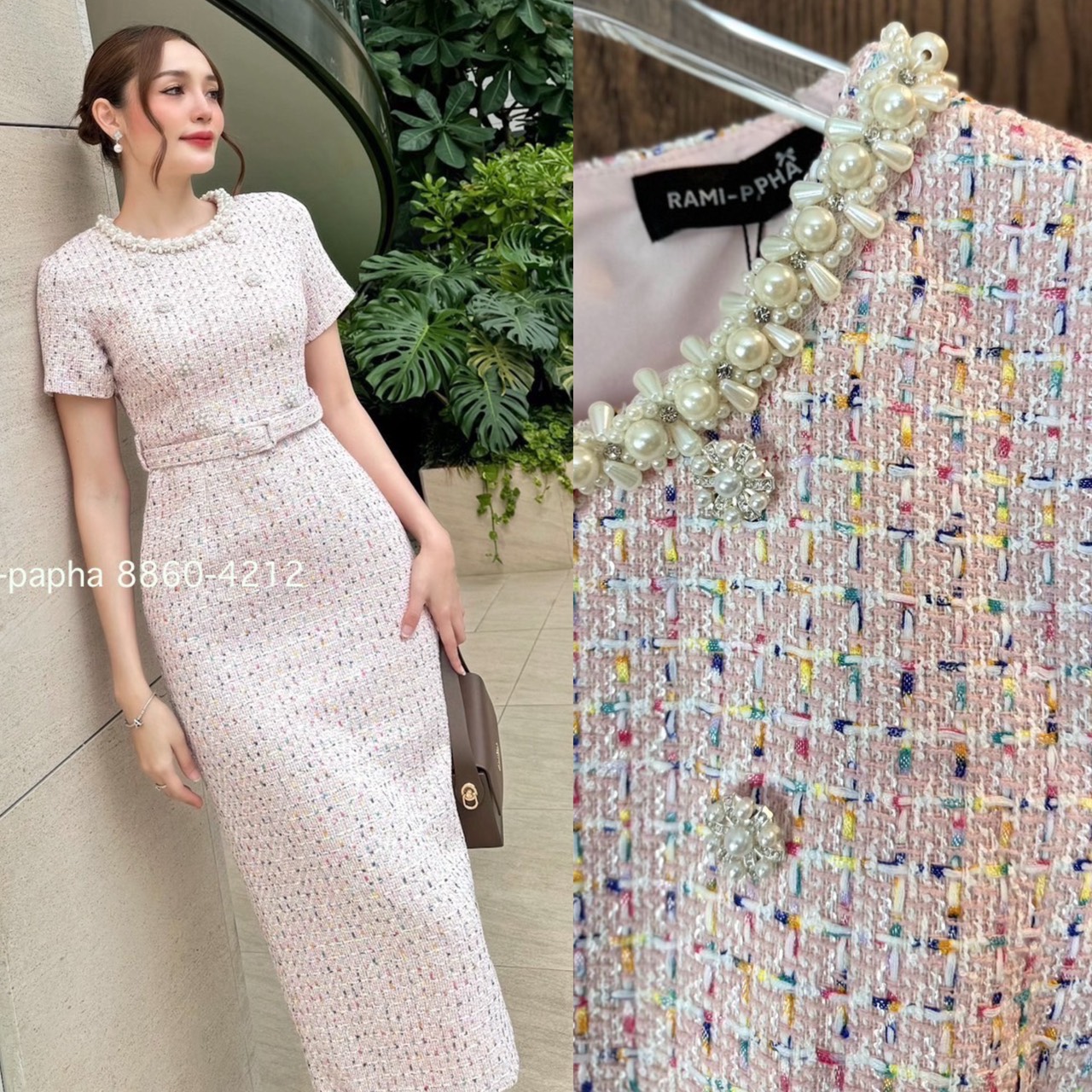 Label :: RAMI-PAPHA(รมิปภา) เดรสตัวยาว เนื้อผ้าทวีตโทนสีชมพู ทอผสมเส้นด้ายหลายแบบหลายสีสวยหรู ดีเทลคอแต่งอะไหล่มุกแซมเพรส สวยหรูโดดเด่น ด้านหน้าแต่งกระดุมสีเงินมุกล้อมเพ็ชร อกมีฟองน้ำจัดให้ทรงสวย ซับในอย่างดีทั้งตัว ชายกระโปรงด้านหลังผ่าขึ้น ซิปหลัง **เนื