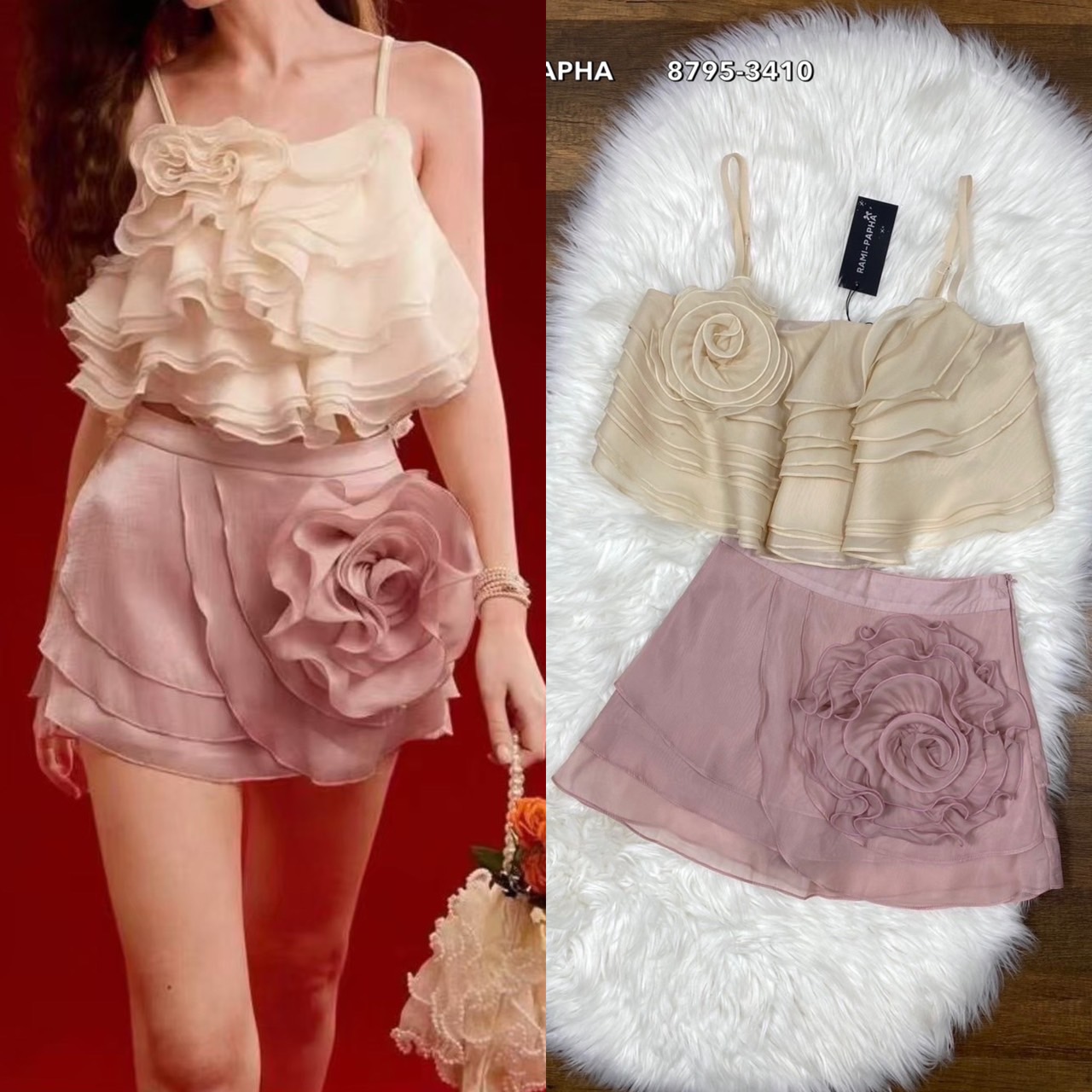 RAMI-PAPHA(รมิปภา) ชุดเซต2ชิ้น สีสวยหวาน น่ารักสไตล์ลูกคุณหนู ดีเทลแต่งระบายทั้งตัวสวยเก๋ อกด้านขวาแต่งดอกไม้3Dเนื้อผ้าและสีเดียวกันเย็บติดกับตัวชุด ซับในอย่างดีทั้งตัว สายด้านหลังสามารถปรับได้ ซิปหลัง