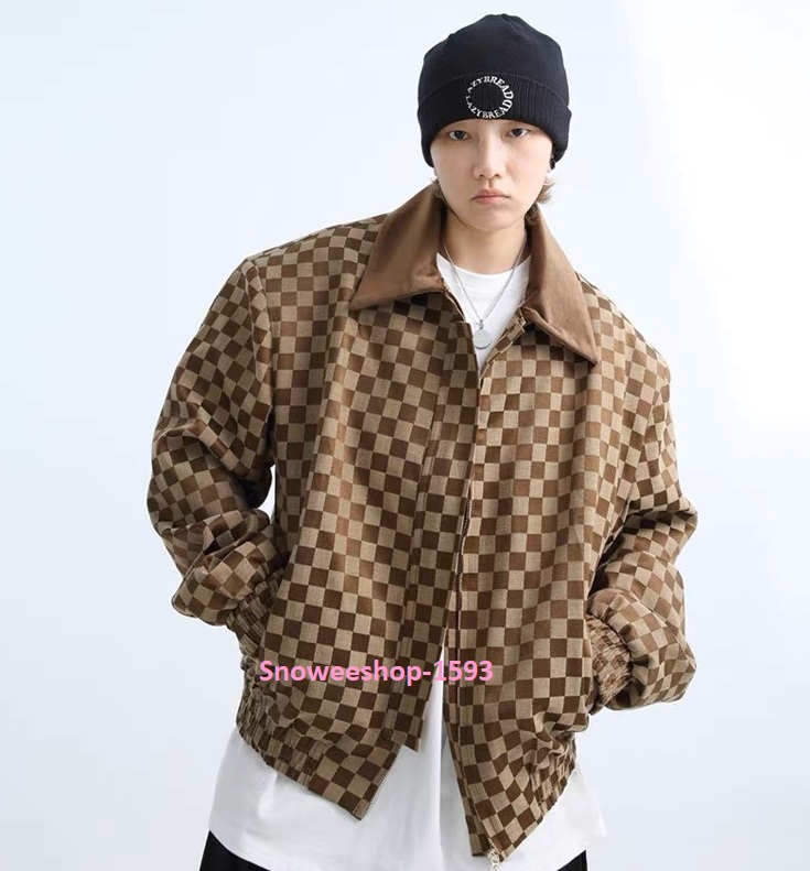 แจ็คเก็ตสั้นลายสก๊อตเสื้อแจ็คเก็ตกันหนาวสไตล์วินเทจสีน้ำตาลปกคอสีพื้นใส่หลวมๆ ทรงโอเวอไซผ้าเคลือบสารสะท้อนหยดนำ้ไม่เปียก กันลม กันหนาว ใส่เป็นเสื้อคลุมลุยหิมะได้