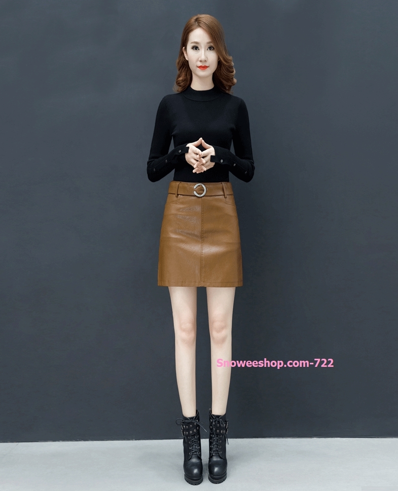 กระโปรงสั้นหนัง PU หนังหนาสีดำ สีน้ำตาล กันลมกันหนาว