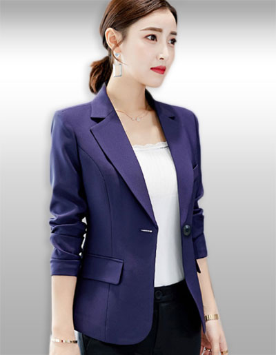 เสื้อสูทผู้หญิงสีกรมท่าใส่ทำงานสไตล์เรียบหรูสูทตีเกล็ดเข้ารูปหน้าหลัง เสริมบ่ามีซับใน กระเป๋าหน้าสองข้างกระดุมพลาสติกกลม มี 5 ไซส