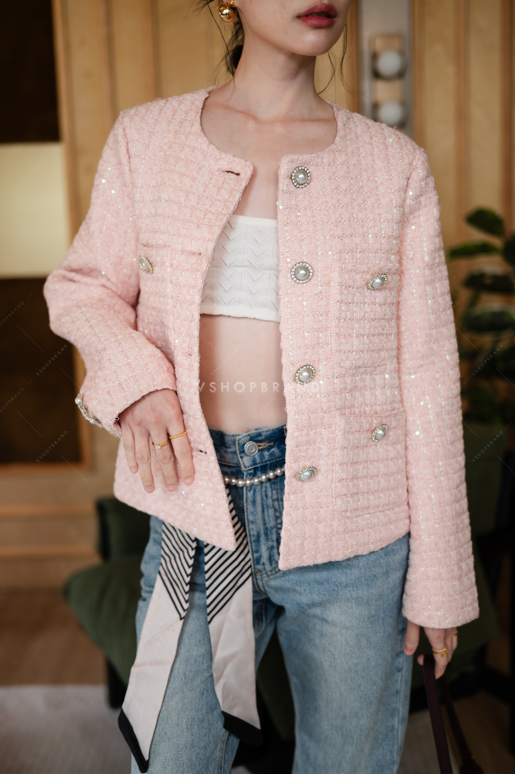 เสื้อคลุมผ้าทวิตทอตารางเลื่อม 4 กระเป๋า