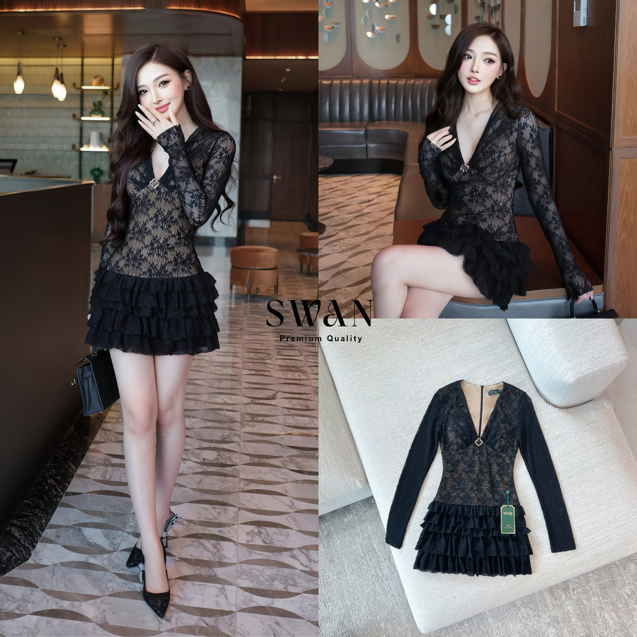 เดรสลูกไม้สีดำแขนยาวซีทรูซ้อนซับสีเนื้อ ดีไซน์เข้ารูปช่วงตัวคอวีลึกแต่งเข็มกลัดสีทองช่วงอกเพิ่มความหรูหราตัดต่อกระโปรงสั้นบานระบายเลเยอร์ชั้นๆด้วยผ้าลูกไม้ดูพริ้วหวานแฝงความเซ็กซี่ลงตัวเหมาะกับลุคดินเนอร์หรือออกงานกลางคืนที่ต้องการความโดดเด่นและดูแพง