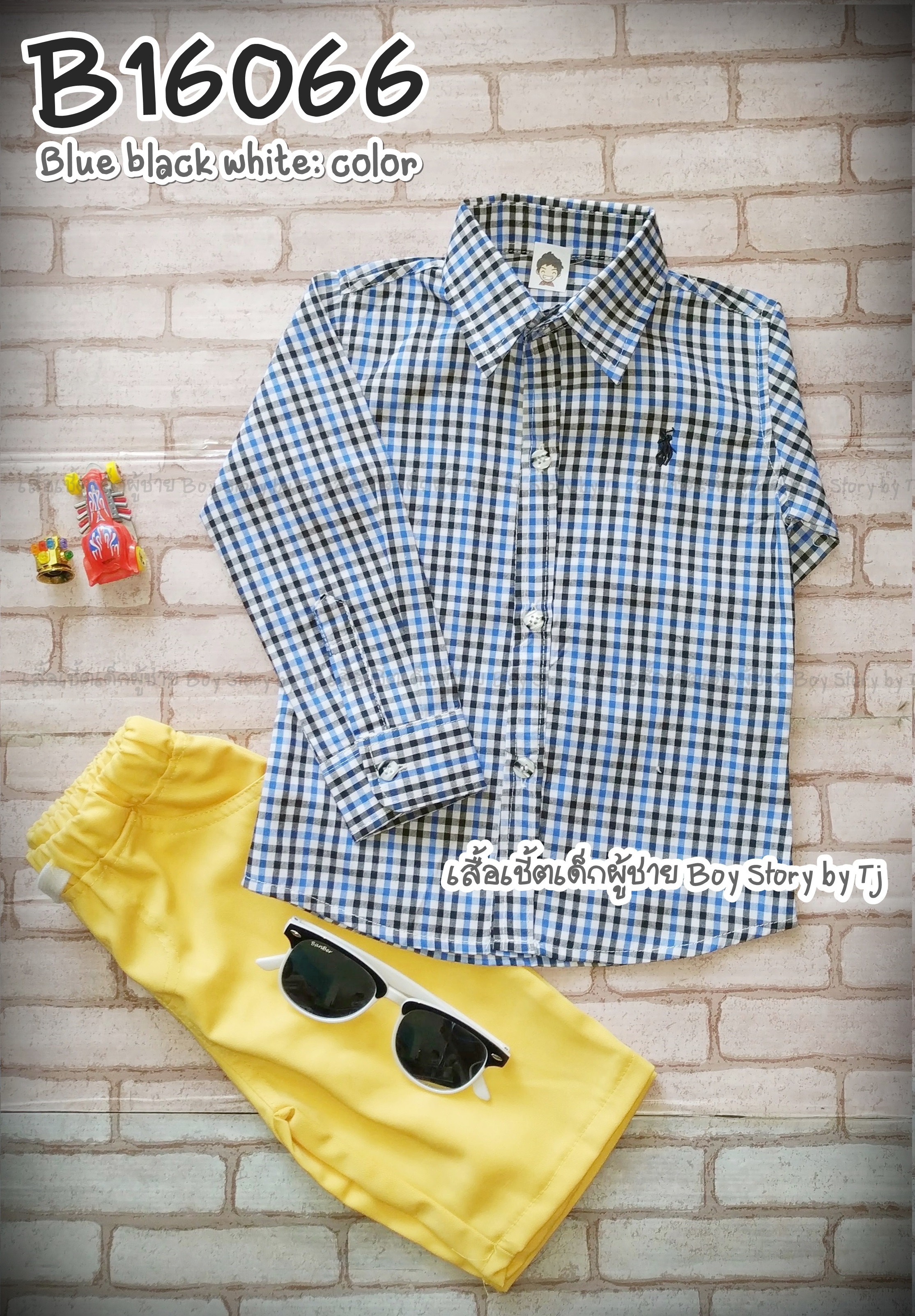 B16066 เสื้อเชิ้ตเด็ก แขนยาวลายสก็อตน้ำเงินดำขาว ตารางเล็ก