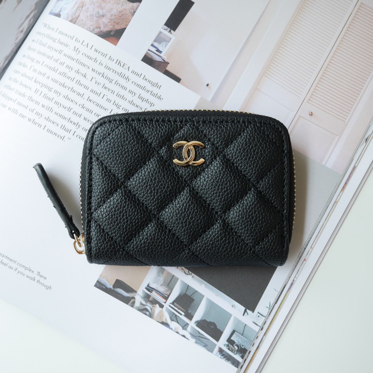 กระเป๋าสตางค์ใบสั้นซิปรอบเรียบรหรูดูแพงแบรนด์เนมชาแนลพรีเมี่ยมกิ๊ฟ Chanel Premium gift-หนังคาเวียร์สีดำอะไหล่ทอง