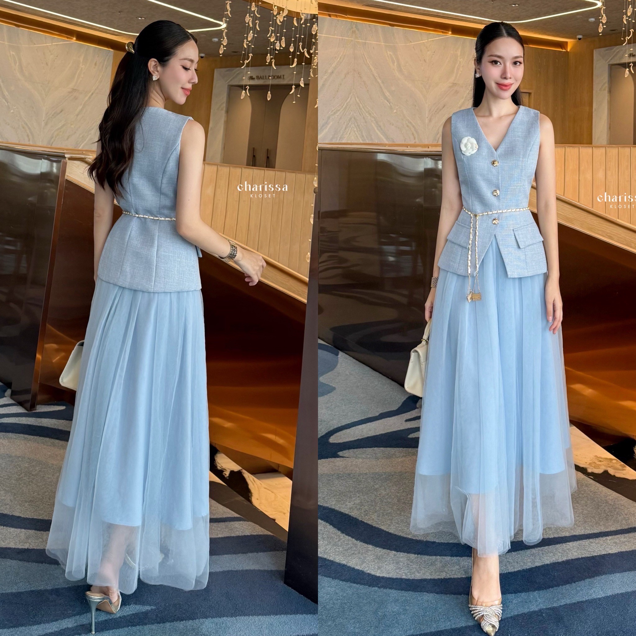 set 4 ชิ้น : เสื้อแขนกุด+กระโปรงมุ้งยาว+ เข็มกลัดดอกไม้+เข็มขัดโซ่ #ชุดสูทกระโปรง #ชุดเซ็ท #สูทออกงานสีน้ำตาล #สูทสีชมพูผู้หญิง #สูทสีน้ำตาล #เสื้อสูทสีฟ้า #สูทผู้หญิงสีฟ้า #สูทสวยๆสีฟ้า #สูทสีฟ้า #สูทสีฟ้าอ่อน #สูทสีฟ้าออกงาน #สูทสีฟ้าพาสเทล #สูทสีฟ้าไปง