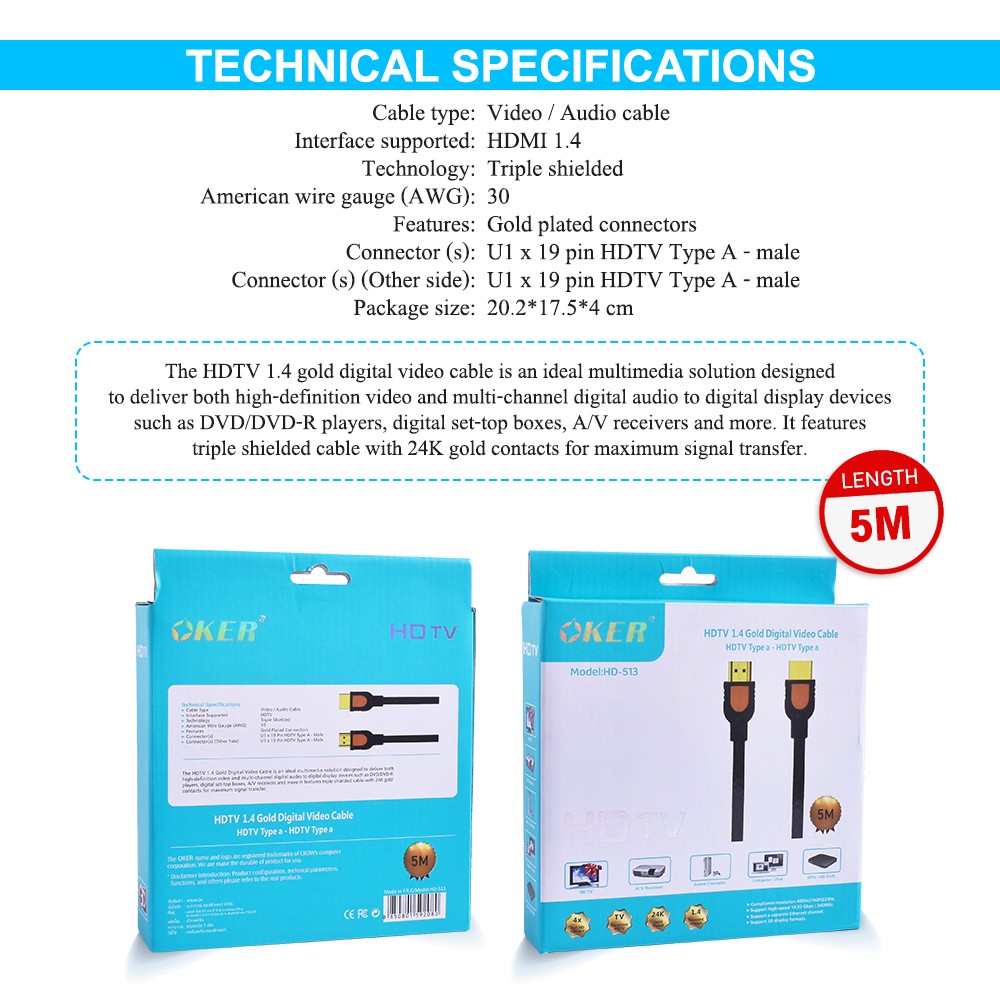 OKER HD-513 OKER 5M HDMI V.1.4 CABLE 3D/1080P 5m CA-HM-HM-05M16