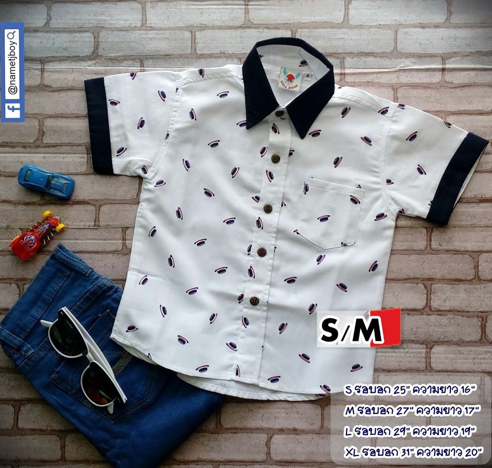 เสื้อเชิ้ตเด็ก แขนสั้น สีขาวลายหมวก Sale 2-4 ขวบ