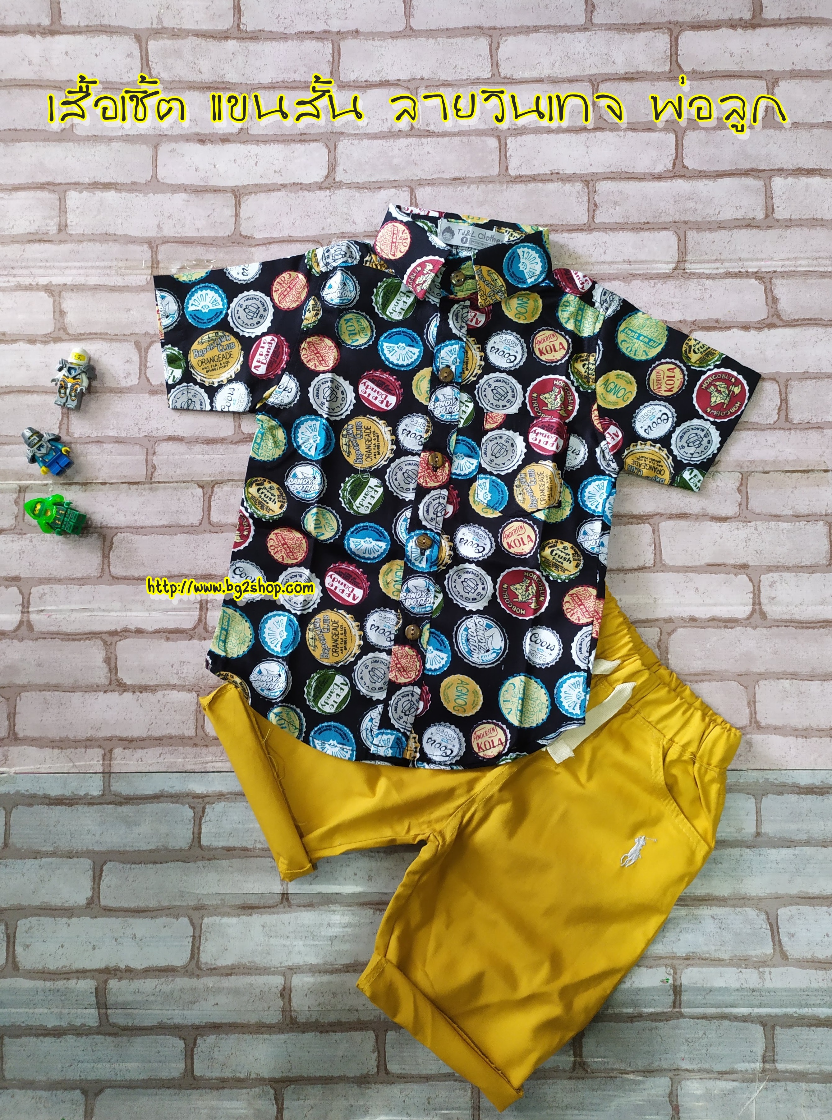 เสื้อเชิ้ต แขนสั้น ลายวินเทจ Kola + กางเกง ไซส์ S (6ด-1ขวบ)