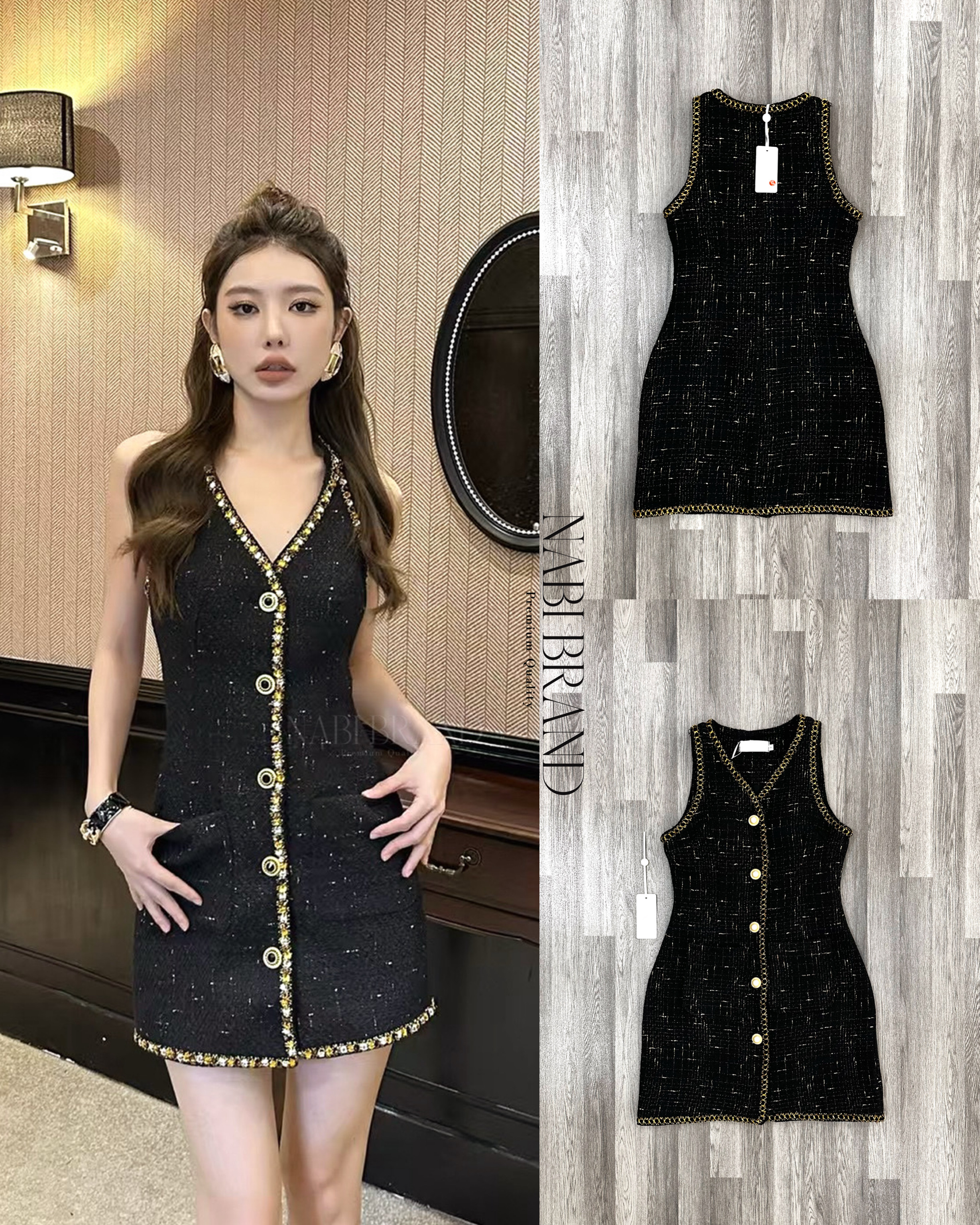 Label :: #NABIBRAND Code :: N-3389 Detail :: เดรสผ้าทวิตแขนกุด ทรงสวมใส่ แต่งด้วยกระดุมหน้าไข่มุกหรูหรา และแต่งขอบเดรสสีทอง มีช่องกระเป๋าหน้าให้ 2 ช่อง มีซับซับในและฟองน้ำมาให้ การันผ้าดี ผ้าดีมาก คุ้ม!! ทรงสวยเป๊ะ 🖤 #เสื้อผ้าแบรนด์NABI #NABIBRAND