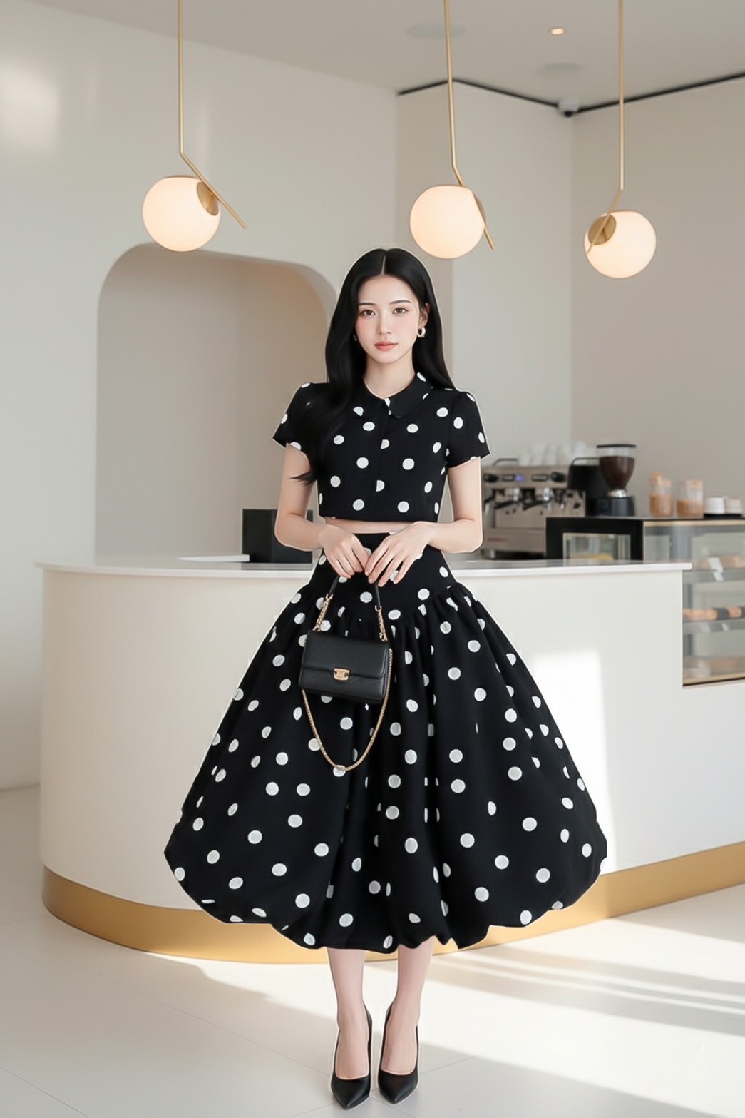 Set เสื้อกับกระโปรงบอลลูน ตัวเสื้อทรงเชิ้ต แขนสั้น ติดกระดุมหน้า เนื้อผ้าลายจุด ผ้าดี มีน้ำหนัก ไม่บาง ตัวกระโปรงยาว เอวสูง ทรงบอลลูน ซิปหลัง รุ่นนี้งานสวย ทรงเป๊ะ คัทติ้งเนี้ยบมากๆค่ะ รับรองใส่ออกมาไม่ผิดหวังการันตีให้เลย บอกเลยห้ามพลาดเด็ดขาดงานดีงานสวย