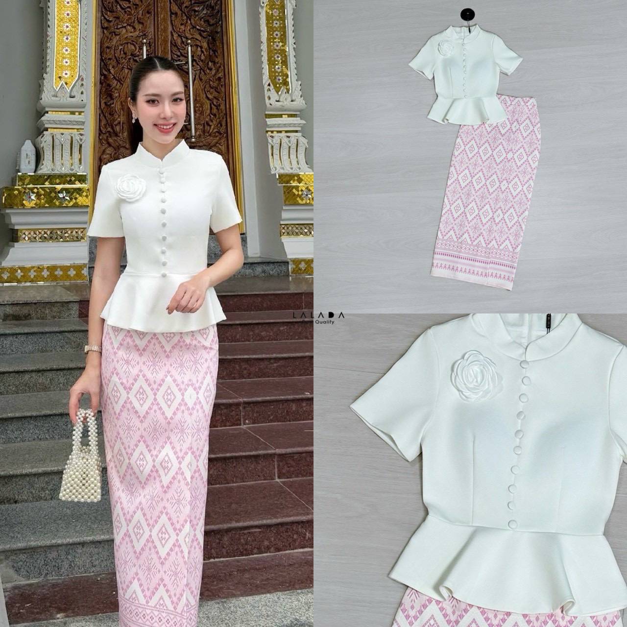 Set 2 ชิ้นชุดผ้าไทยประยุกต์ เสื้อสีขาวตัดเย็บอย่างดีแต่งกระดุมหน้างานซิปหลังเป็นซิปซ่อน + เข็มกลัดดอกไม้ แมทช์ผ้าถุงสำเร็จพิมพ์ลายโทนสีชมพู 𝐂𝐨𝐥𝐨𝐫 : 𝐎𝐫𝐢𝐠𝐢𝐧𝐚