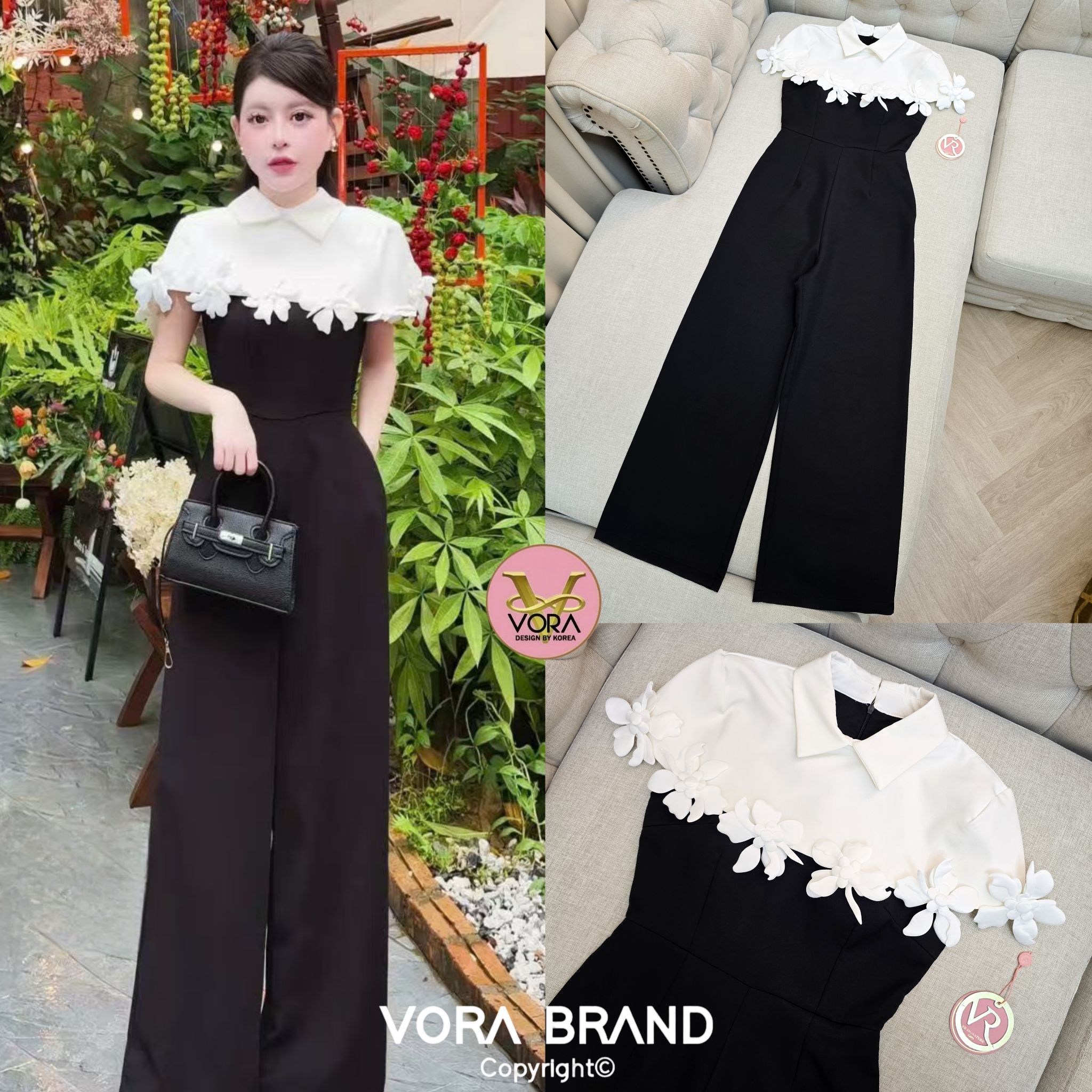 Jumpsuit ขายาว ทรงสวย คอปก แต่งคลุมช่วงไหล่ ดีเทลแต่งดอกไม้รอบไหล่ ดอกไม้เป็นเข็มกลัดถอดออกได้ค่ะ หน้าอกมีฟองน้ำจัดทรงให้ค่ะ เอวเข้ารูป เนื้อผ้าหนา เนื้อดี เป็นทรงสวย มีซับในทั้งชุดค่า