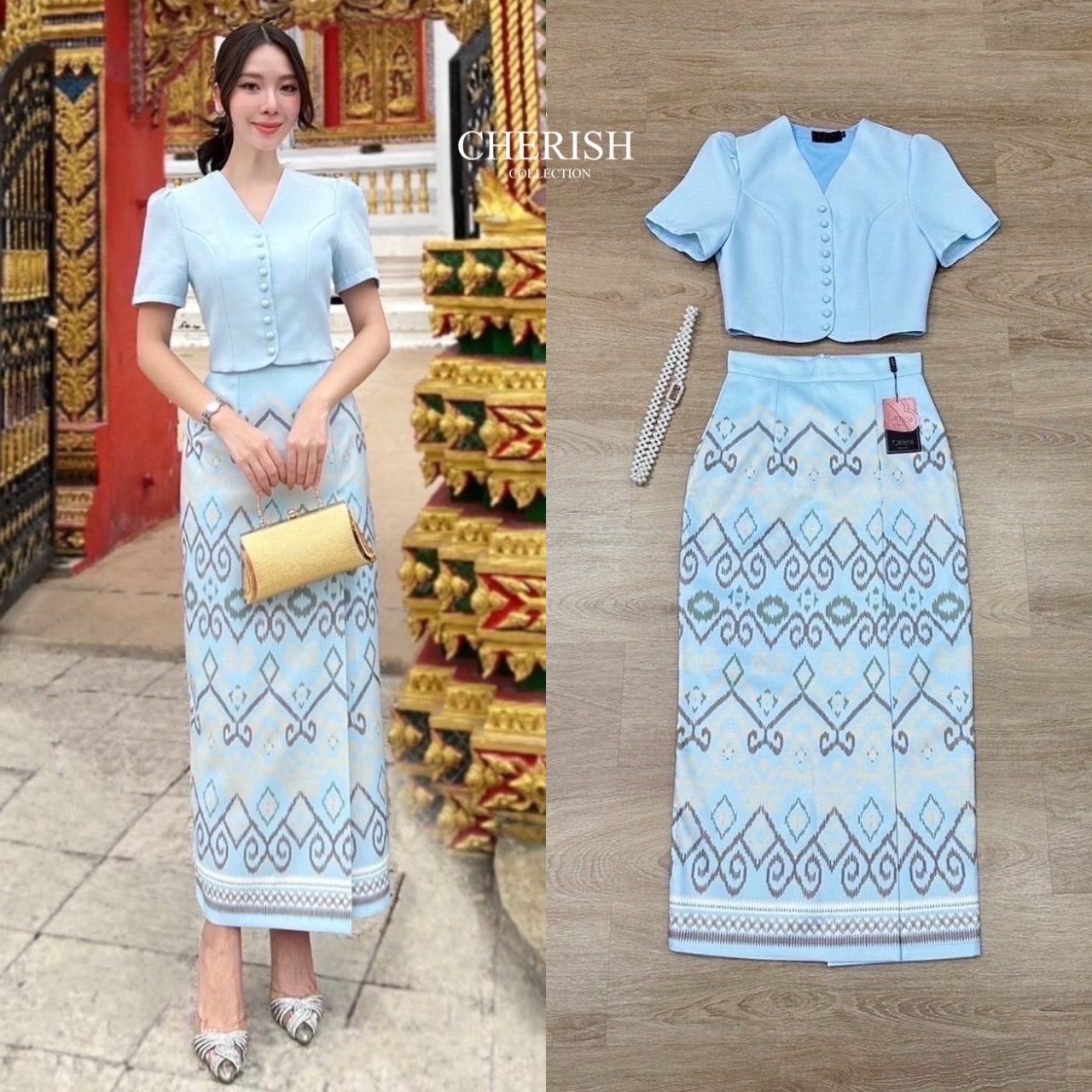 เช็ท 3 ชิ้น ชุดงานบุญ ชุดไทยหรือจะใส่เป็นธีมชุดเพื่อนเจ้าสาวก็เหมาะ ใส่ได้ทุก เทศกาล ดีเทล เสื้อวีแต่งกระดุมเรียง เสื้อแขนสั้น ใหล่ยกเล็กน้อยเสริมซับในอย่างดี ใส่คู่ผ้าถุงพิมท์ลาย เนื้อผ้าใส่สบาย