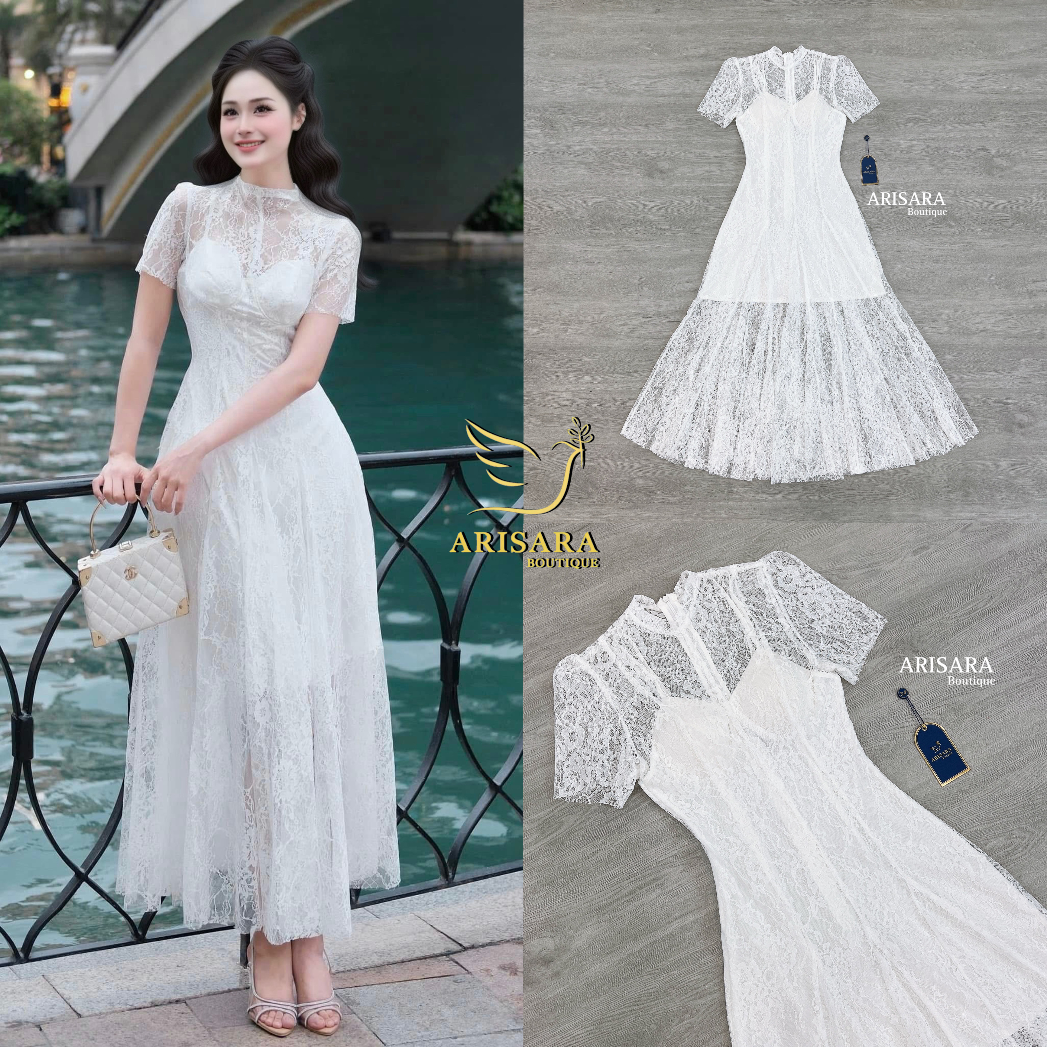 ชุดเดรสยาว ลูกไม้งานเกาหลี มีฟองน้ำเสริมทรง ซิปด้านหลัง มีซับในใส่ดินเนอร์หรือออกงานก็สวยปัง #ป้ายarisara #ArisaraBrand #ป้ายอริศรา #งานป้าย #cropbrand